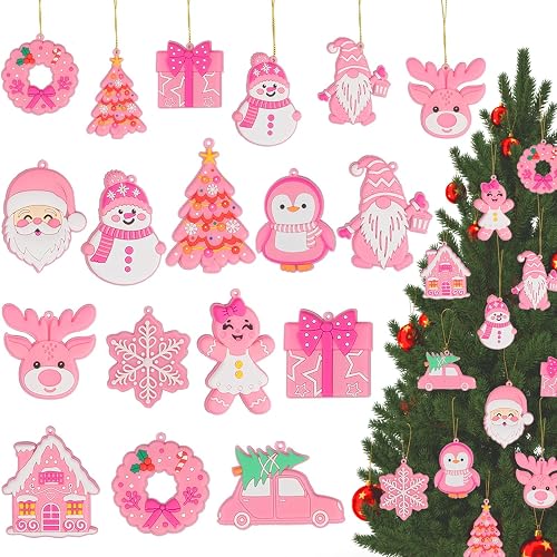 Pink Christmas Elements Ornaments for Tree Decorations | 12pcs, soft plastic, for holiday, xmas tree, home decor - Pink Christmas Ornaments - 12pcs