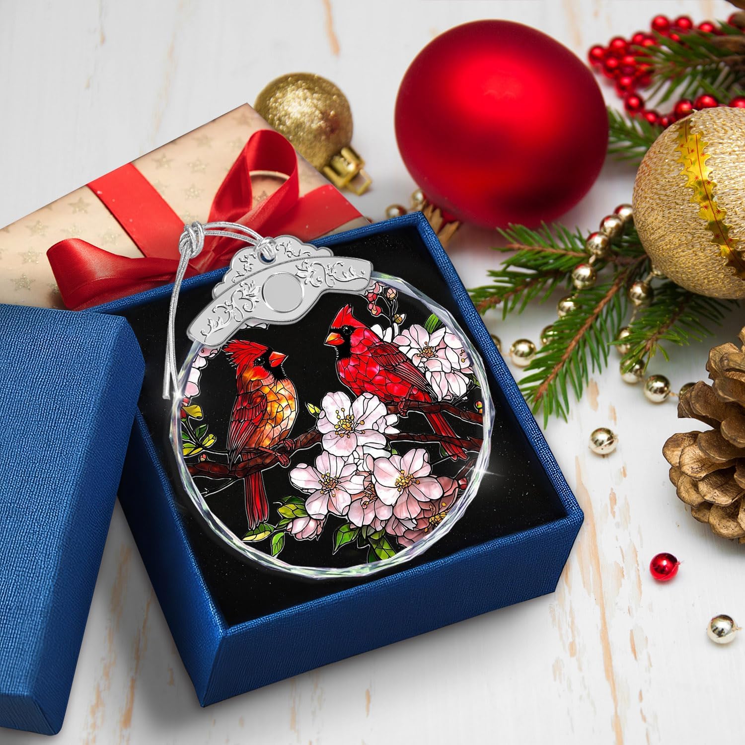 Glass Ornament - Cardinal Birds & Flowers - Cherry Blossom Branch & Bird Decor for Home Patio Porch - Mother's Day for Mom Dad - Unique Keepsake Couple Parent Friend Sister - Image 5