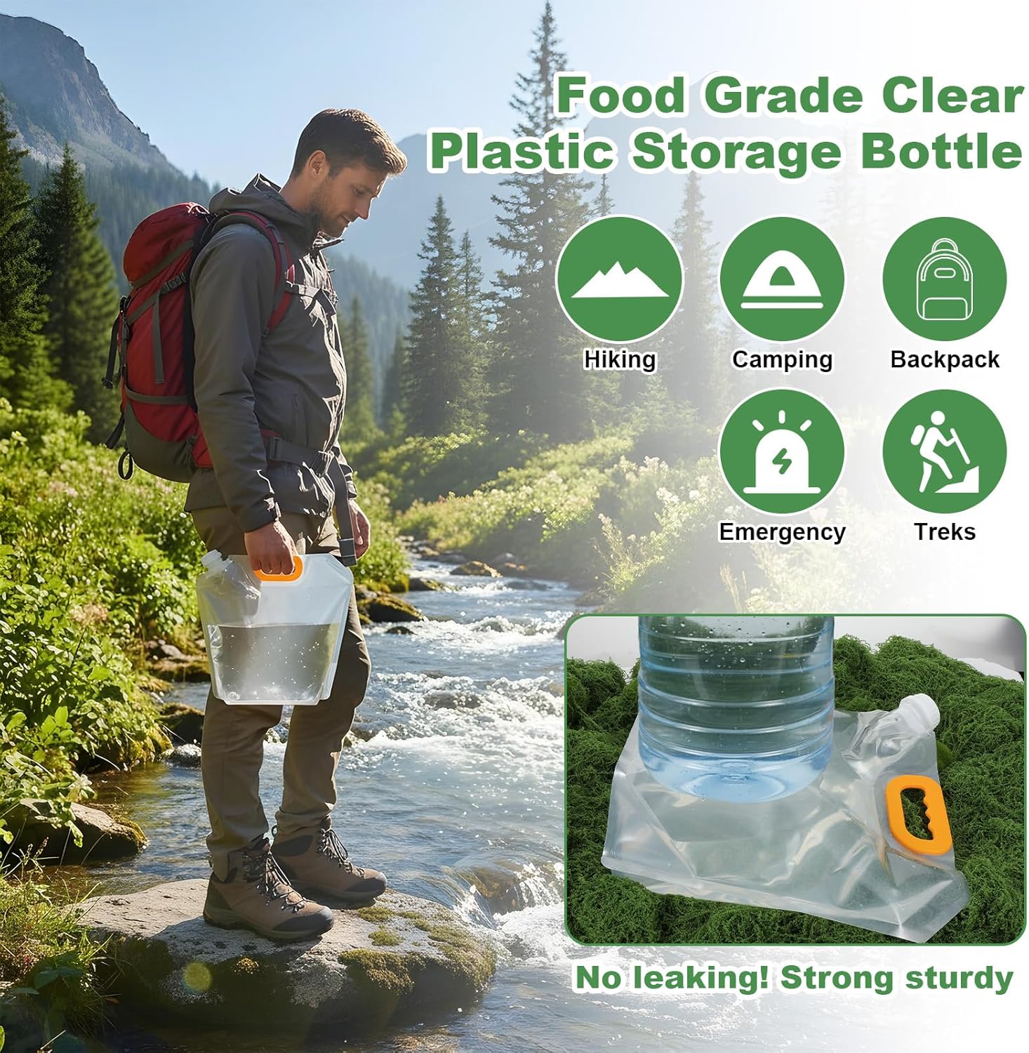 20Pcs 1.3Gallon Collapsibles Water Container Bag Bulk, Emergency Container Carrier Water Bottles, Freezable Waters Storage Jug, BPA Free Food Grade Clear Plastic for Outdoor Camping Riding