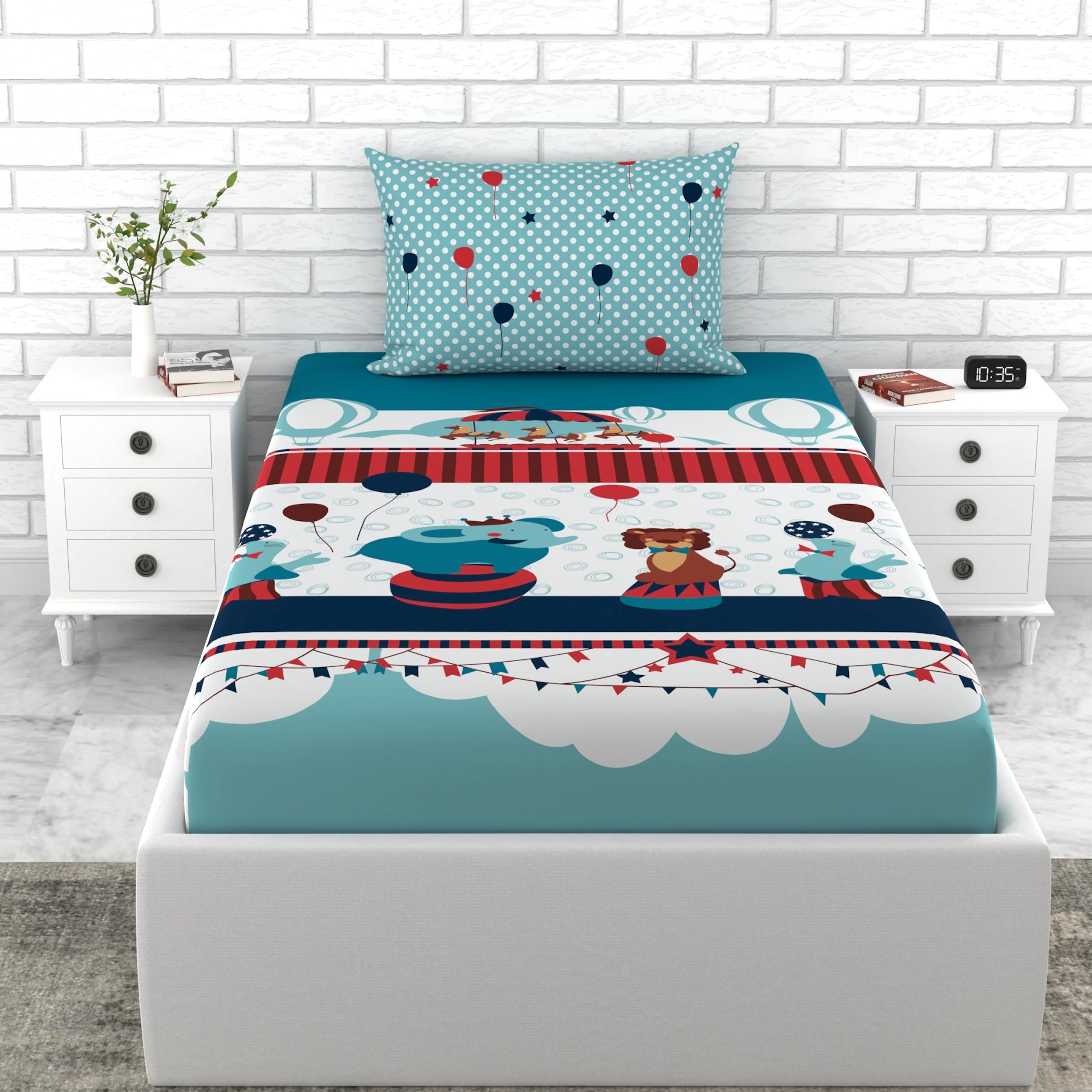 Loreto 100% Cotton 144 TC Single Bedsheet with 1 Pillow Cover for Twin Bed Size, Ideal for Every Day Use for Your Kids Furniture Bed - Plume Babies Blue, Kids