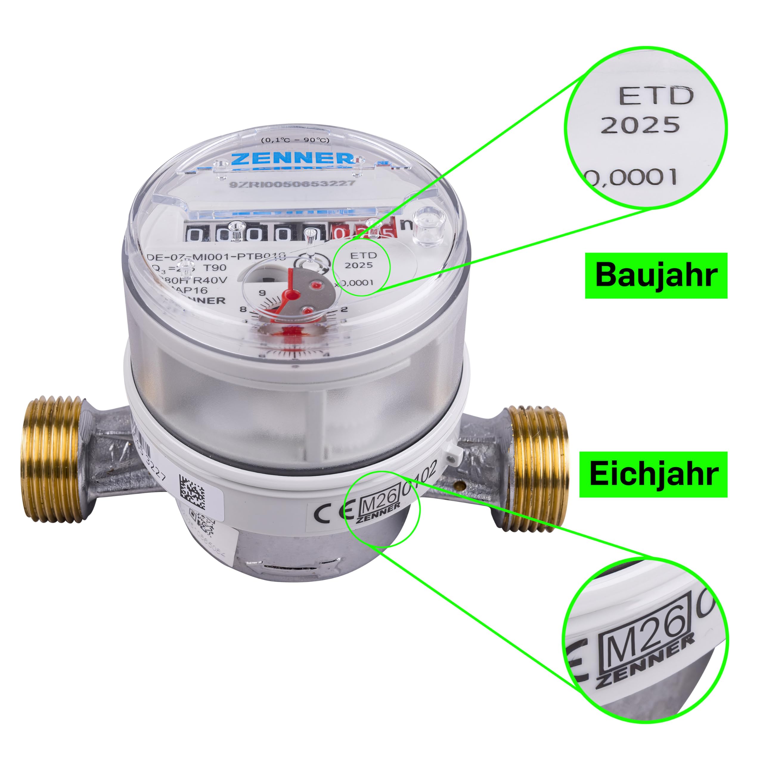 Contador de agua de Zenner Q3 = 2,5 para agua fría + caliente, BL 110 mm, 3/4 pulgadas de conexión/calibrado 2026 con la marca "CE M26 0102" lateralmente en el contador.