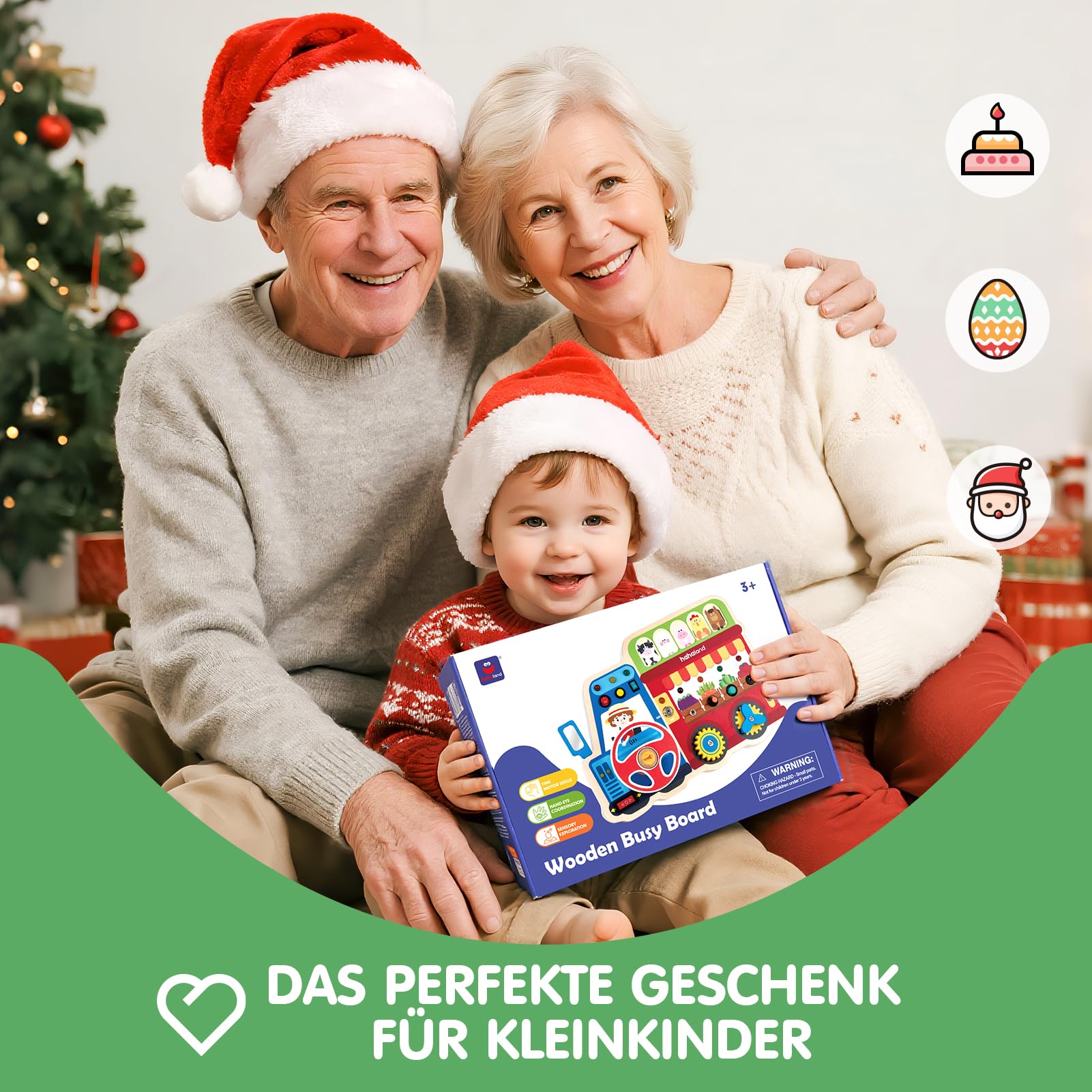 hahaland Baby Montessori Spielzeug Busy Board, Holz Activity Board mit 9 Schalter 11 LED, Tiere, Obst, Musik, Lenkrad, Motorikspielzeug Sensorik Lernspielzeug, Geschenk Jungen Mädch