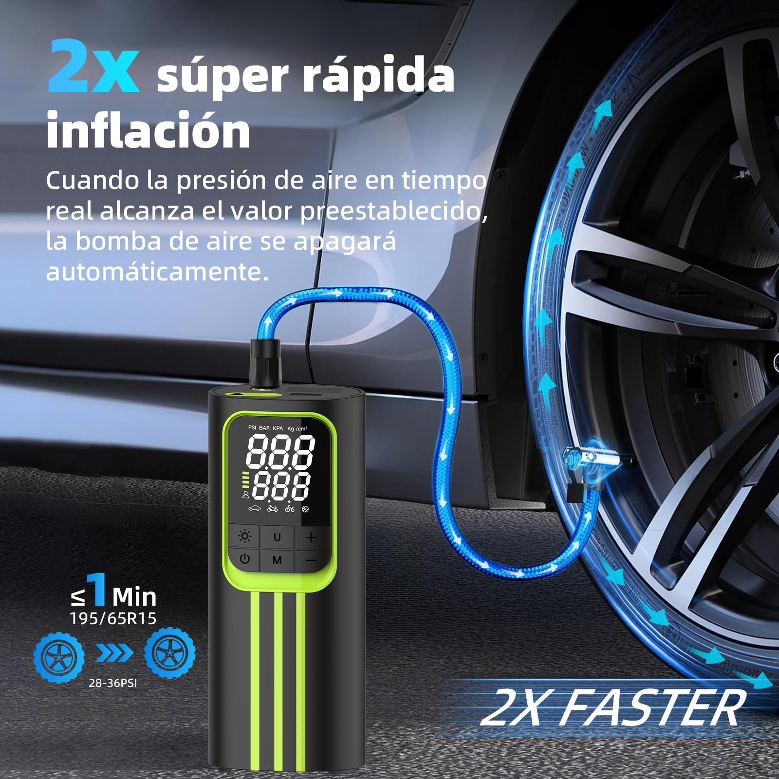 Compresor Aire Portatil, Inflador Ruedas Coche 150 PSI Inalámbrico, Batería Recargable con Pantalla Digital y Luz LED, Modos Automáticos de Inflado, para Coche, Moto, Bicicleta y Pelotas,Negro y verde