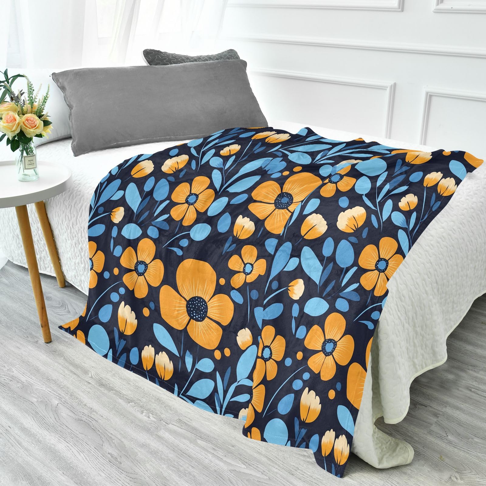 Amazon.com: Blue Yellow Orange Flowers Blanket Throws 55x70 White