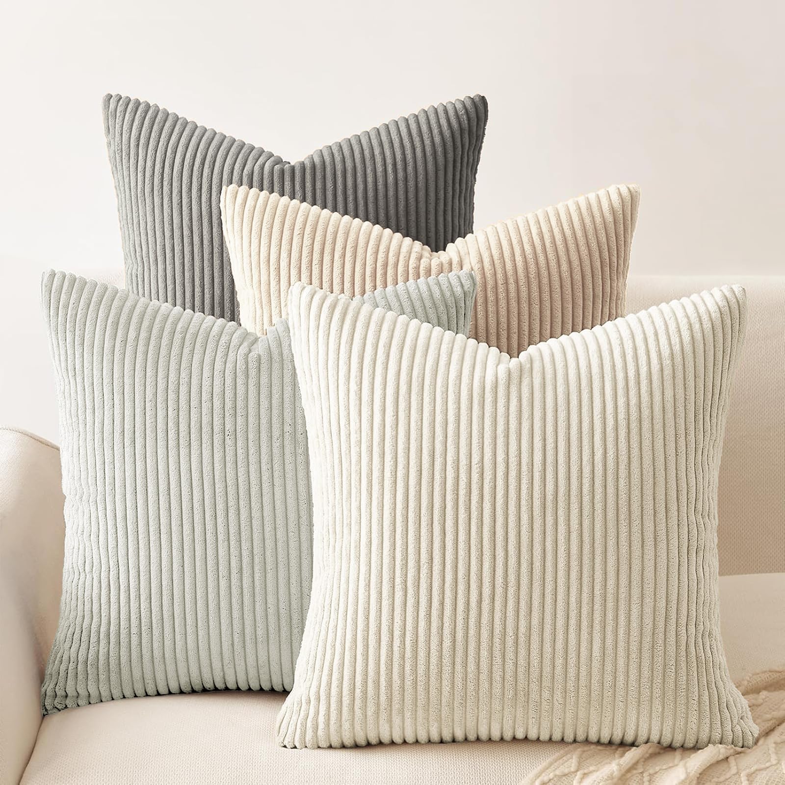Set of 4 Corduroy Soft Striped Cushion Covers 45x45 cm, Boho Decorative Square Throw Pillow Covers 18x18 Inch with Invisible Zipper for Sofa Couch Bedroom Home Decorative Fluffy Large Pillowcases โ image 1