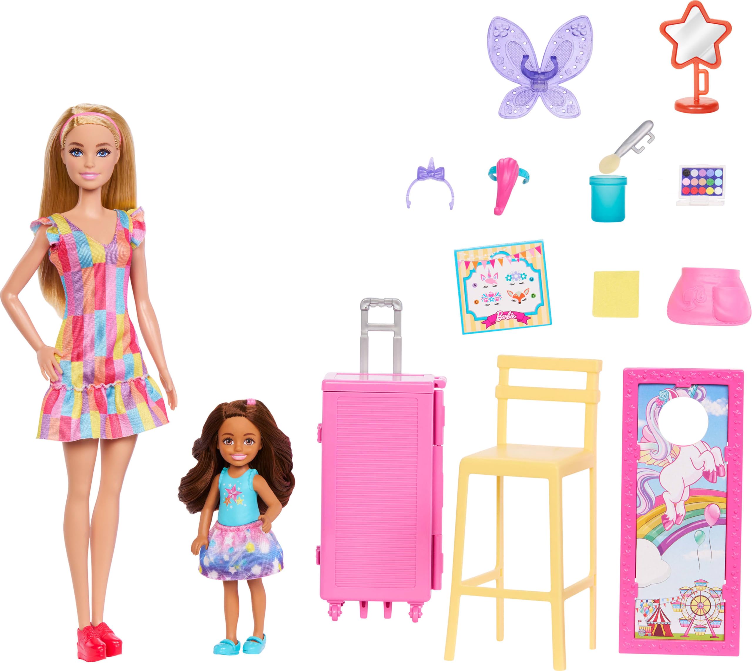 Barbie Day at The Fair Playset z 2 lalkami, farbą do twarzy i uchwytem na zdjęcia, dodatkowe akcesoria, w tym mała lalka Chelsea z zmieniającą kolor twarzy