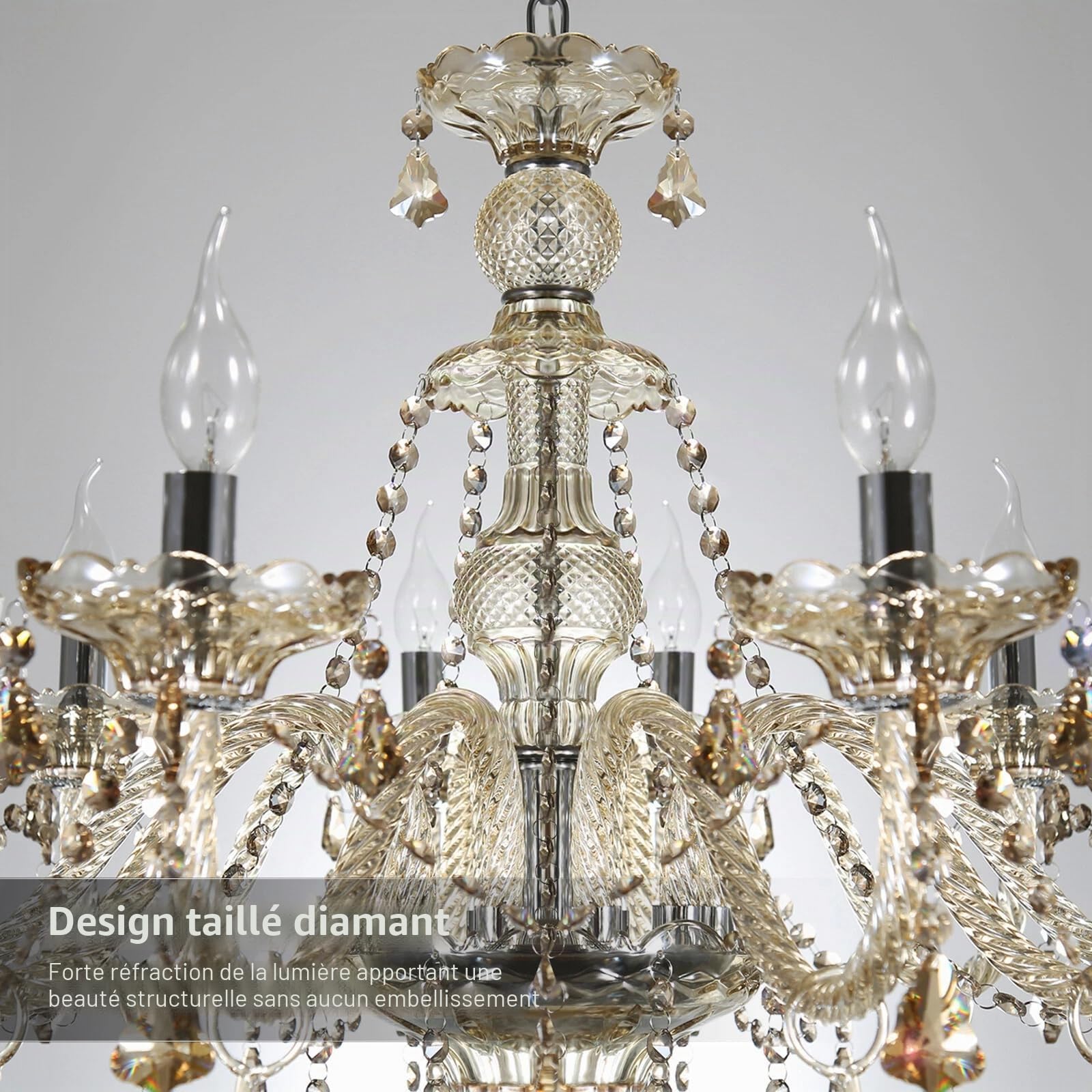 Lustre moderne à 10 ampoules en cristal K9, couleurs cognac, suspension en bougie, éclairage de plafond élégant pour salle à manger, salon, chambre à coucher et accessoires de maison
