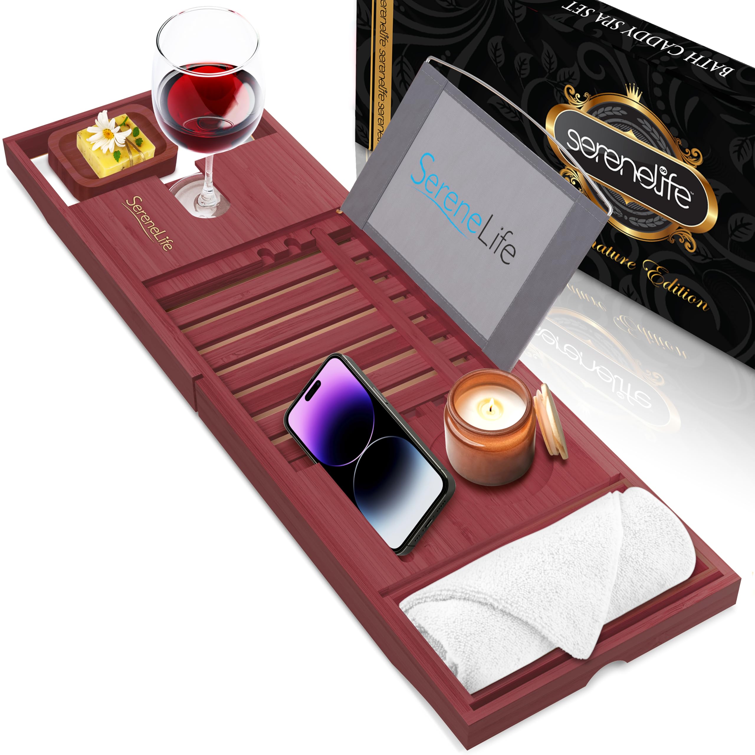 SereneLife Bamboo Bathtub Tray – Adjustable Caddy, Book & Tablet Holder, Removable Accessory Trays, Ergonomic Design, Wine Glass Slot, Relaxing Spa Gift for Home or Bathroom Use - Brown
