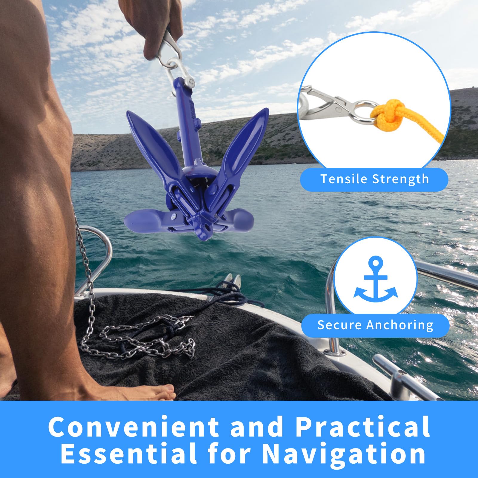 Ancla Grapnel Ancla Marina Grapnel Plegable Ancla de Aluminio Accesorios para Pesca Incluye Cuerda Amarilla, para Kayak y Barcos pequeños, Pesca y Actividades náuticas