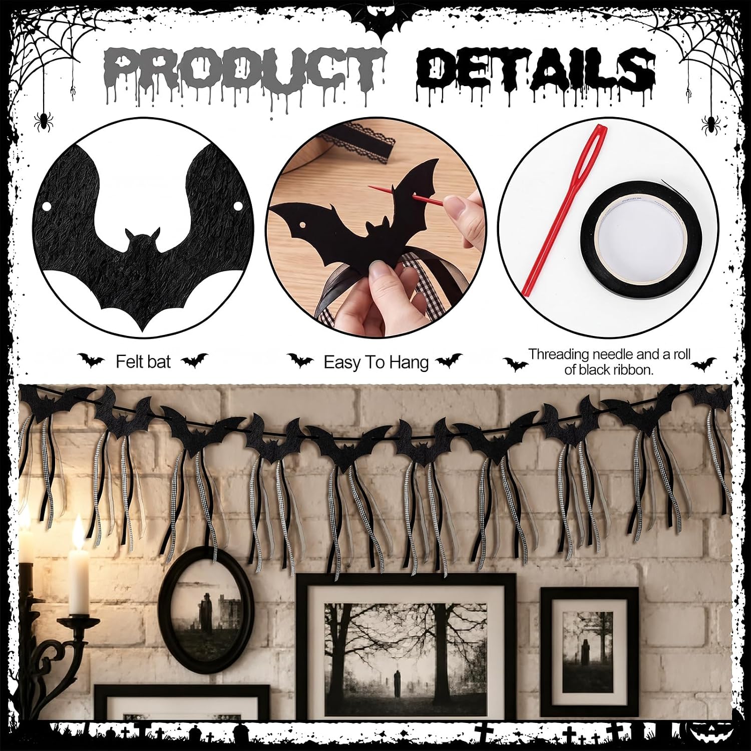 Irenare 2 Pcs Halloween Bat Garland Black Flying Bat Bow Banner with Ribbon