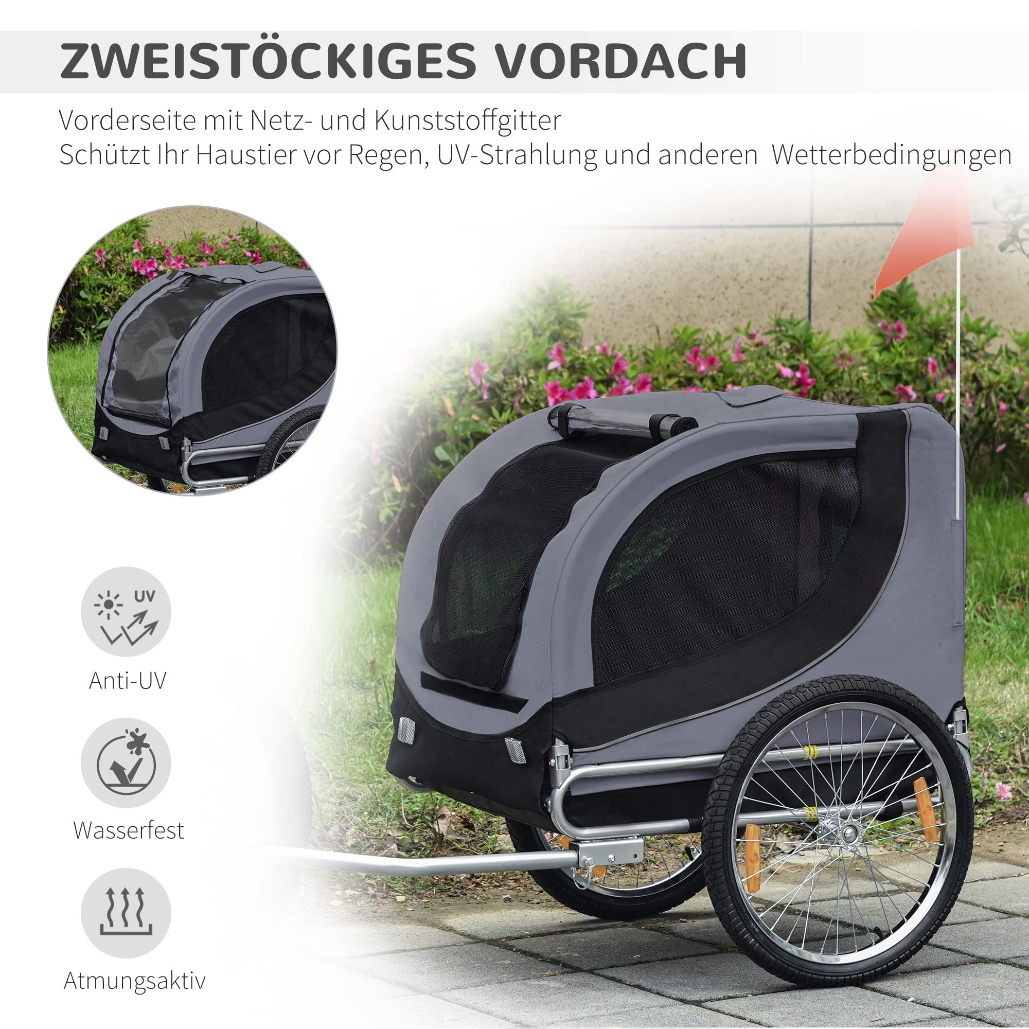 PawHut Hundeanhänger Fahrradanhänger für Hunde Hundefahrradanhänger mit Sicherheitsreflektoren, Universal-Fahrradkupplung, Rote Fahne, Hundetransporter bis 20 kg