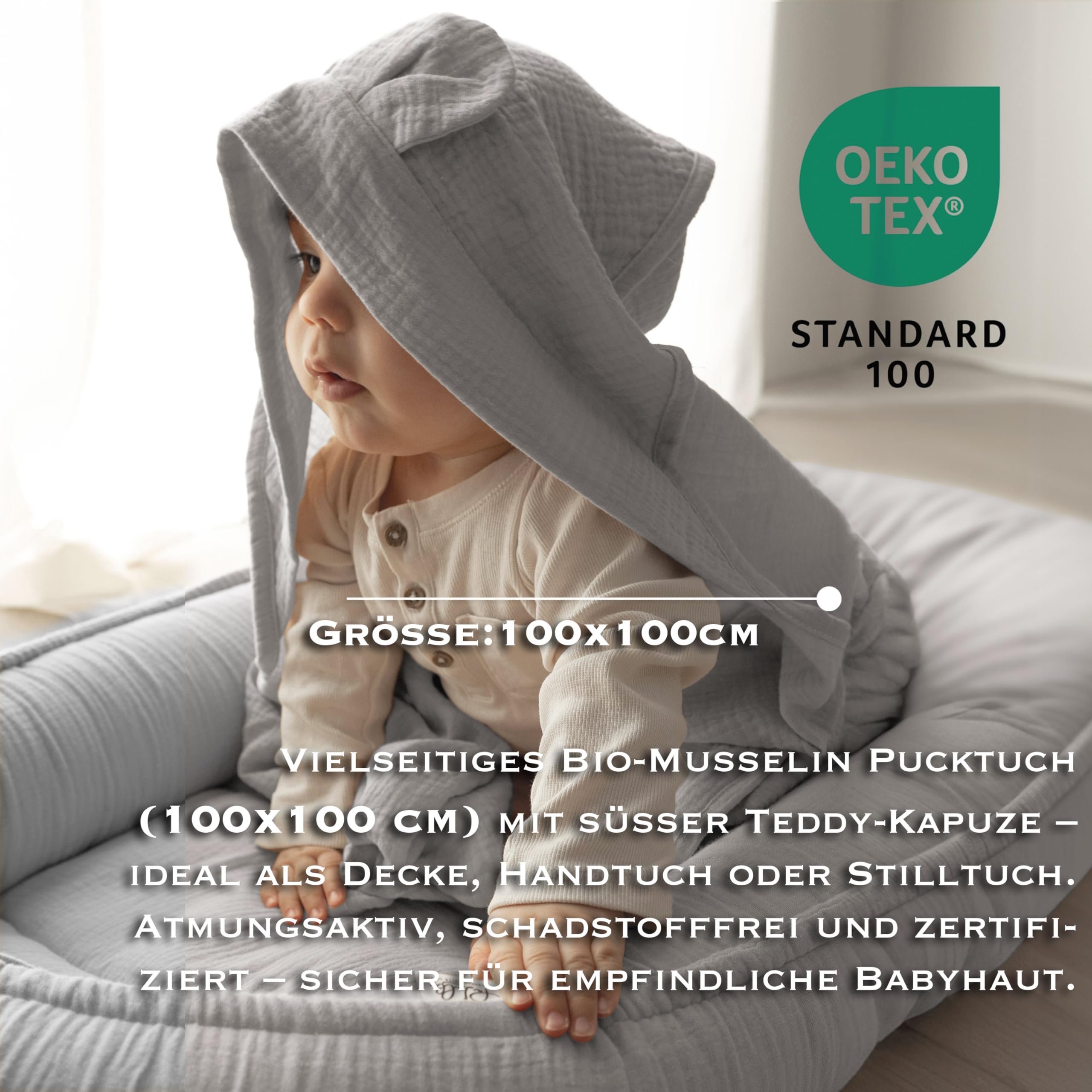 PaLulli® 2-stronne muślinowe gniazdo niemowlęce z chustką, oddychający muślin – ręcznik z kapturem i wszytymi uszami, 100% muślinu Oeko Tex, przytulne gniazdo kokon do łóżeczka dziecięcego (jasnoszare