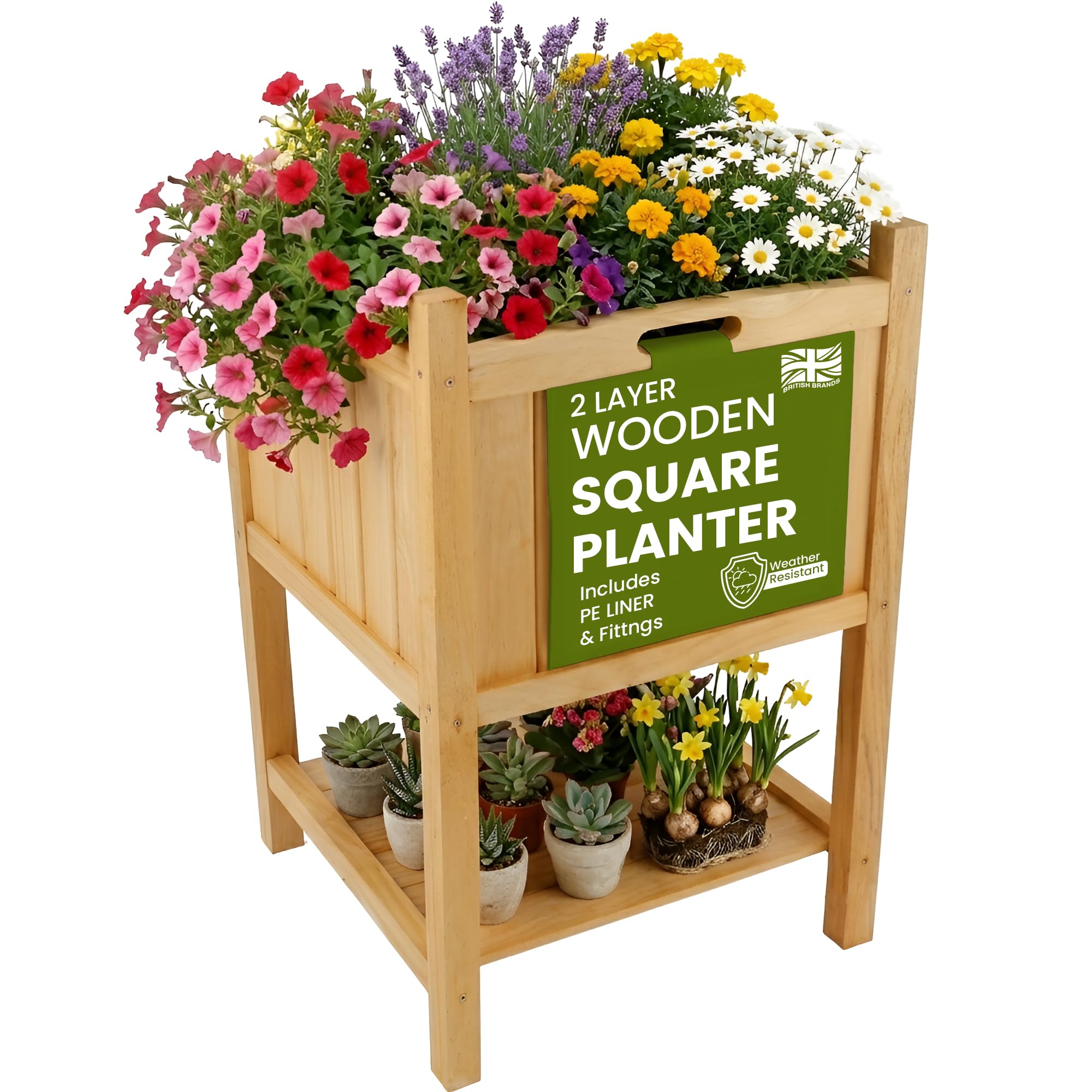 My Garden Planter with Storage Shelf & PE Liner – 50 x 50 x 85cm Free Standing Square Wooden Planter for Indoor, Outdoor, Patio, Balcony, Living Room Plant Display Shelf