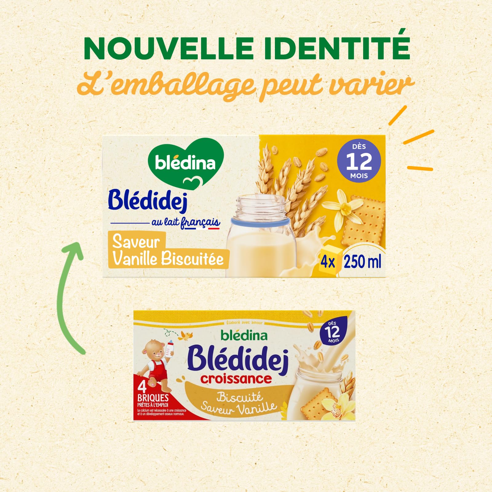 Blédina Blédidej Céréales bébé Biscuité Saveur Vanille - Dès 12 Mois - Lait bébé pour petit-déjeuner - Source de Calcium, Vitamine C, Fer, Oméga 3 (ALA) - Format Pratique x12 briques 250 mL - 3