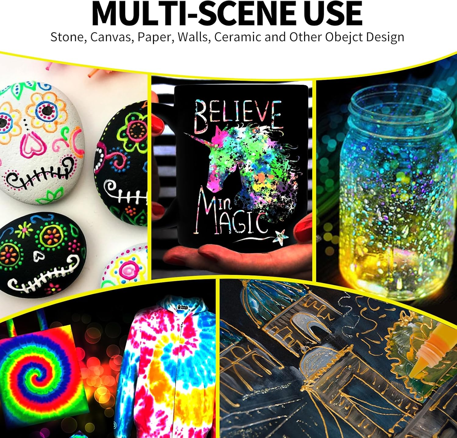 Glow in the Dark Acrylic Paint - Set of 12 Colors, Uv Reactive Blacklight Paints for Painting Outdoor and Indoor Decoration - Fluorescent Paint Kit for Canvas Art Supplies for Easter Chrismas Painting