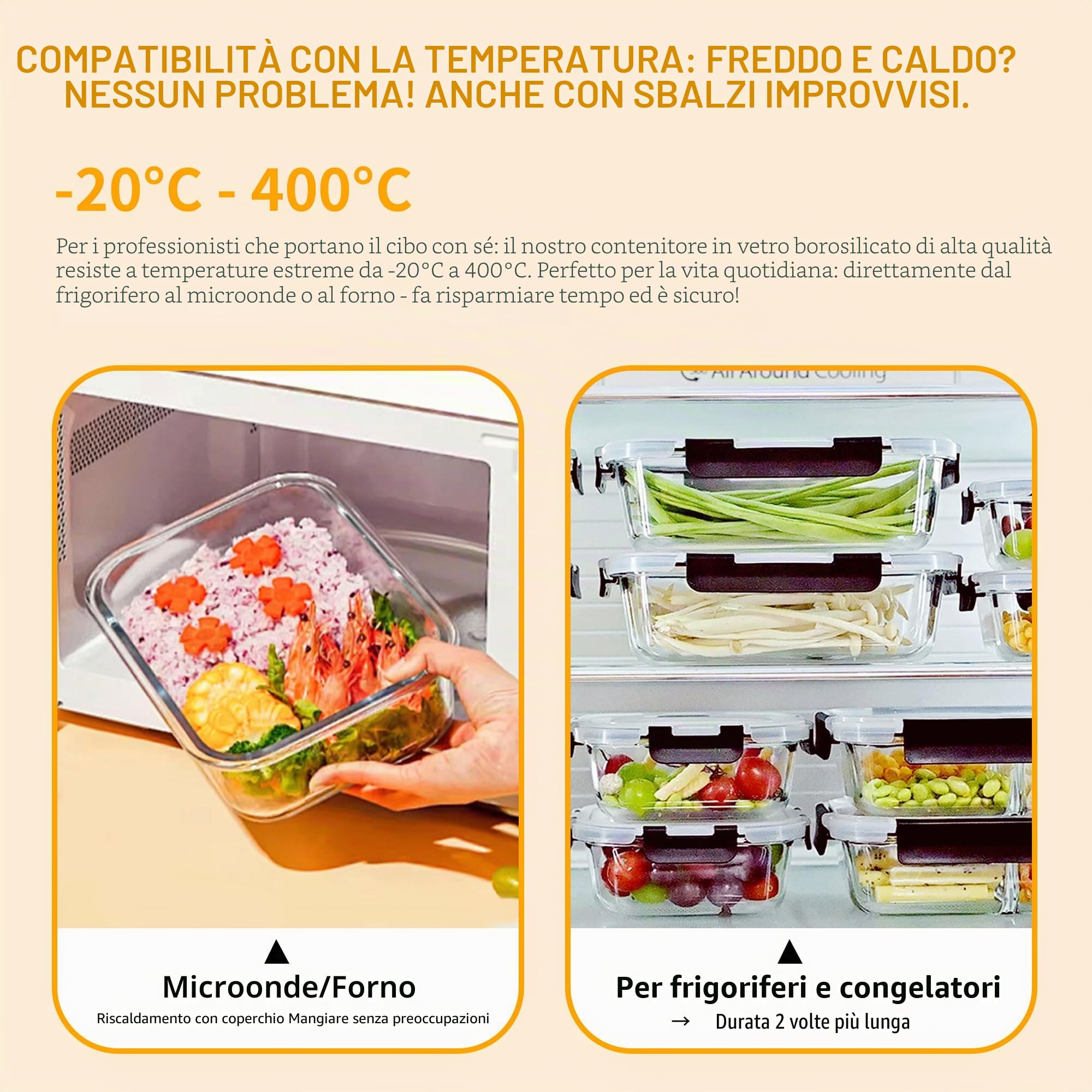 LNWSN Set contenitori per alimenti, 8 contenitori per alimenti in vetro da 640 ml con bottoni a pressione su tutti e quattro i lati, contenitori riutilizzabili ideali per picnic all'aperto