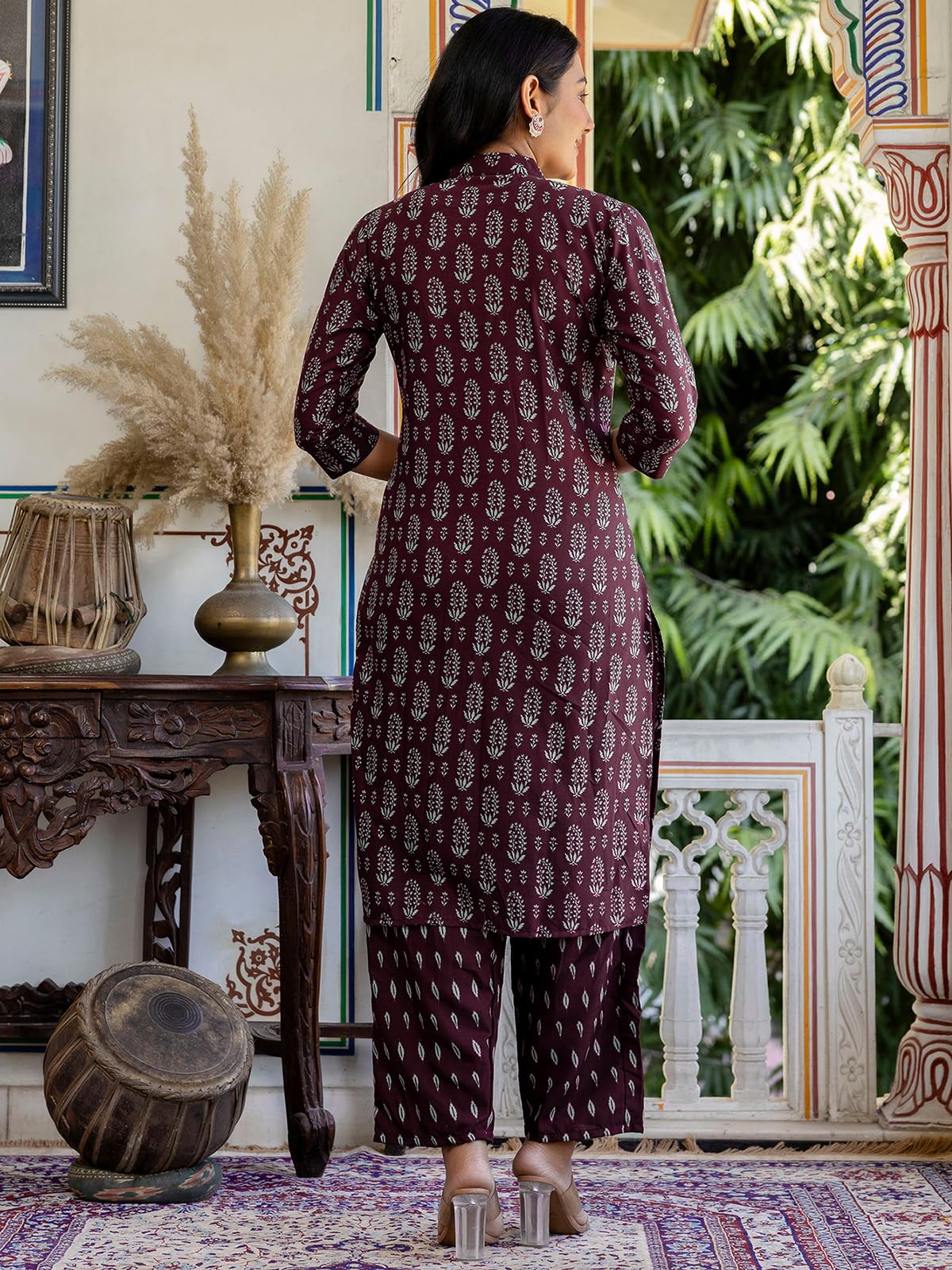 Sanisa Women's Rayon Printed Straight Kurta With Pant And Dupatta Set (238Kbd2520N-Xl_Wine & Grey)