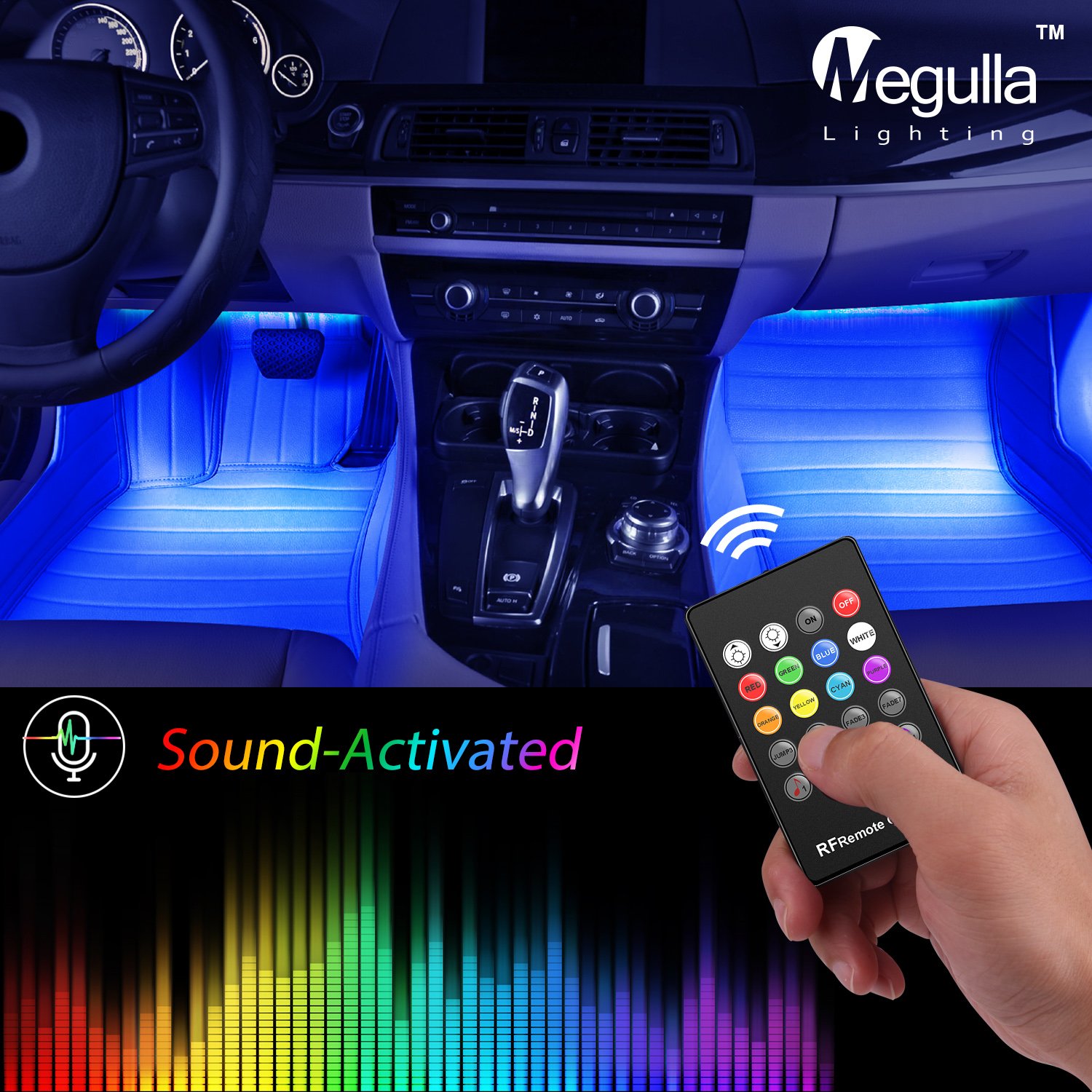 Underdash Lighting Kit, Megulla 4PC USB-Powered RGB Multi-Color LED Car Interior Lights with Sound Activation and Wireless Remote for Cars, Trucks, Pickups, Free Dual USB Car Charger Included