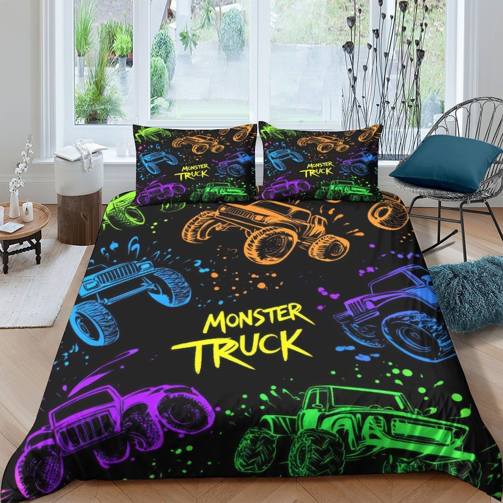 Ctjqhvkz Style-5 3D Printed Neon Monster Truck Fitted Sheet Microfiber Soft Bed Cover For Bedroom Dorm Mattress Decor Single（135X200cm）