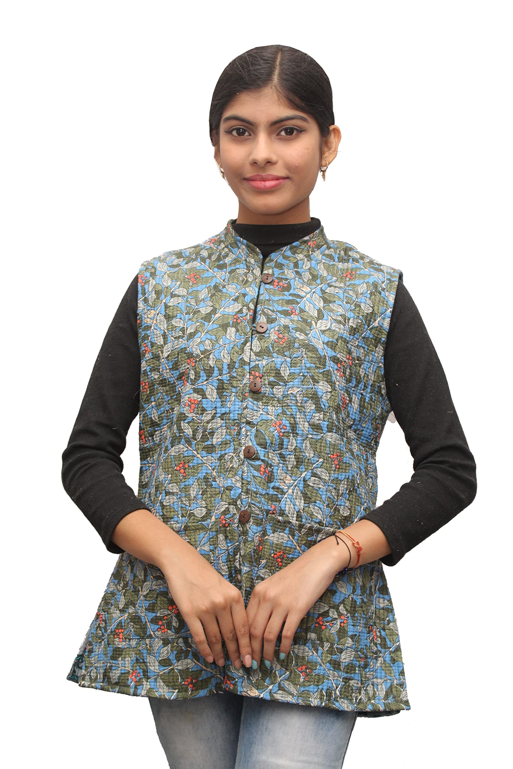 shubhangi collections Women's Blue Floral Cotton Quilted Reversible Sleeveless Jacket-picture-44