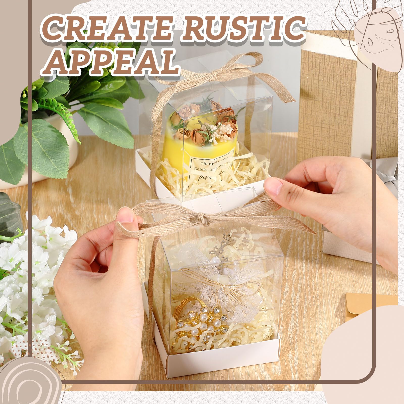 24 Stück 8,9 x 8,9 x 10,9 cm transparente Kerzen-Geschenkbox, Großverpackung, Box für Teelichter, Kerzenhalter, weiße Papierunterseite mit Band, für Weihnachten, Hochzeit, Babyparty, Party
