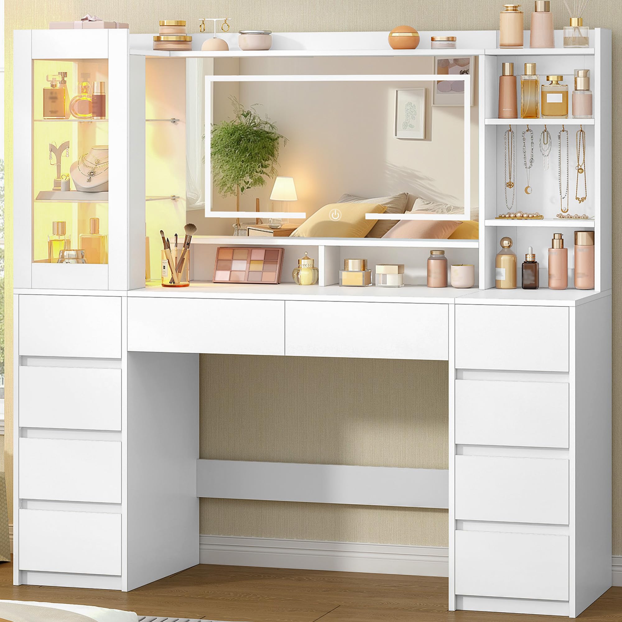 Hzuaneri 140 cm Toeletta Trucco, Postazione Trucco con Grande Specchio HD, Striscia Luminosa RGB, 10 Cassetti, 9 Scaffale Portaoggetti, per Camera da Letto, Ufficio, Bianco 1150003XEU