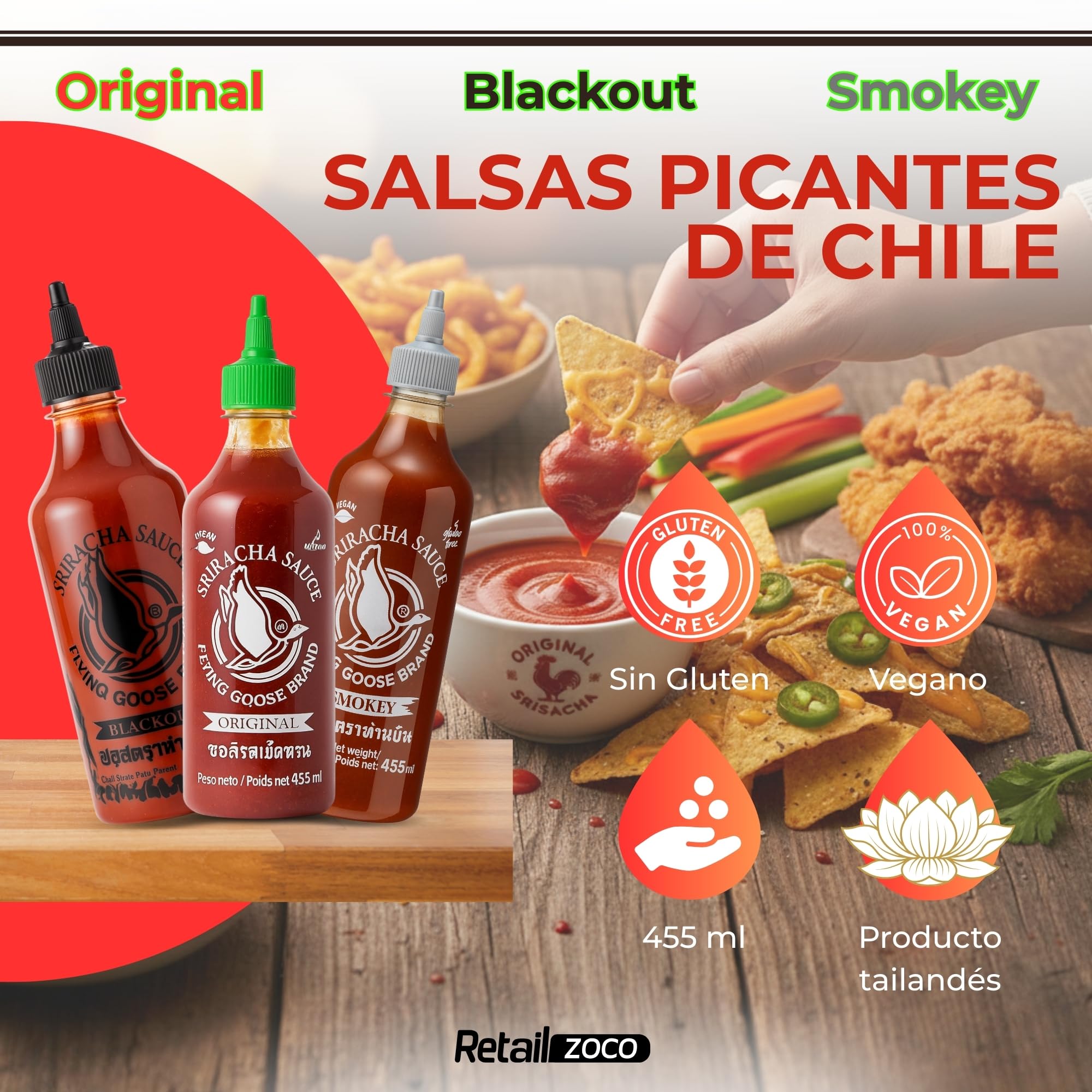 Pack degustación Flying Goose Salsas de chile Picante Sriracha Original 455 ml + Sriracha Black Out 455 ml + Siracha Smokey Ahumada 455 ml, Ideal para dipear, hamburguesas y otros, 3 botes de 455 ml
