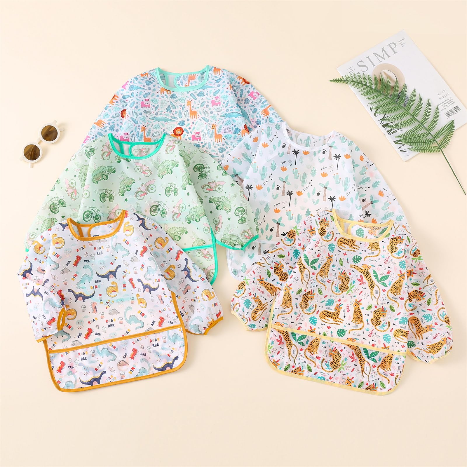 Bavoirs Manches Longues,Lot de 5, Imperméable Bebe Enfant Bavoir Tablier 5 à 30 Mois