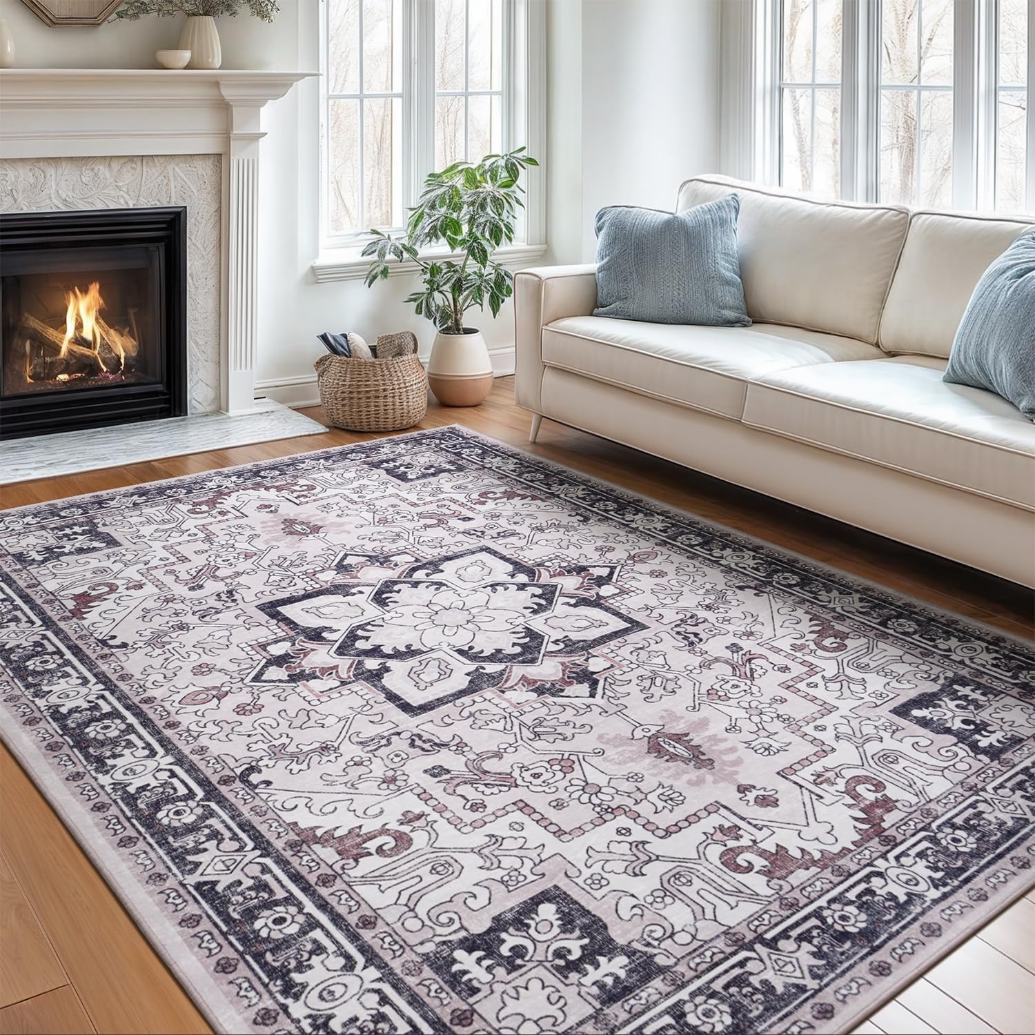 Tapis antidérapant grand salon lavable style géométrique vintage