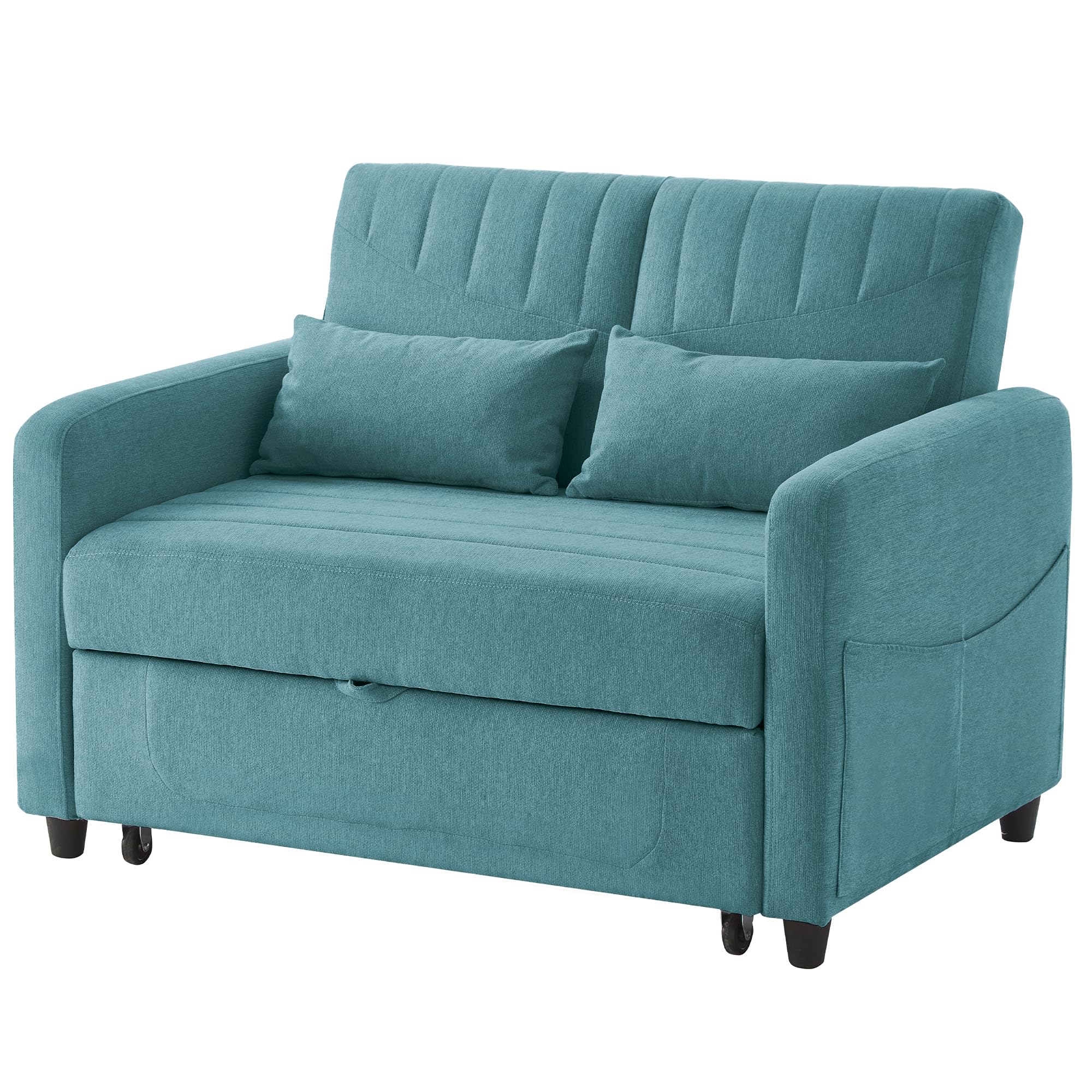 Merax Schlafsofa 2-Sitzer Sofa mit Schlaffunktion - Kleines Sofabett | 166x114 cm - Klappsofa 3-in-1 Schlafcouch Ausziehbar mit Verstellbarer Rückenlehne, Baumwoll-Leinen-Stoff, Antikes Blaugrün