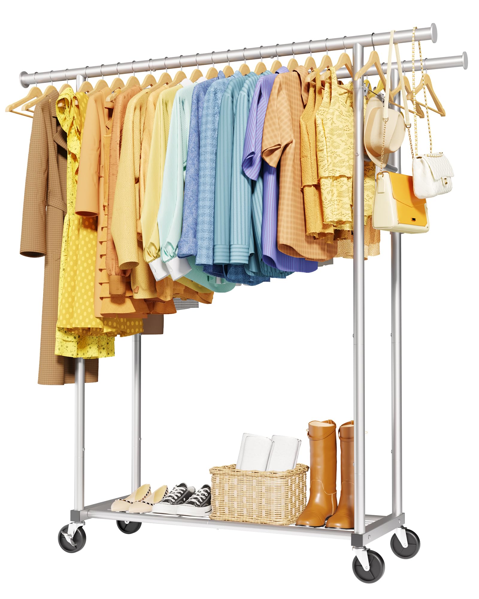 Mobile Double Rod Clothes Rack Freestanding Garment Organizer with Medium Load Capacity and Bottom Storage Shelf for Home