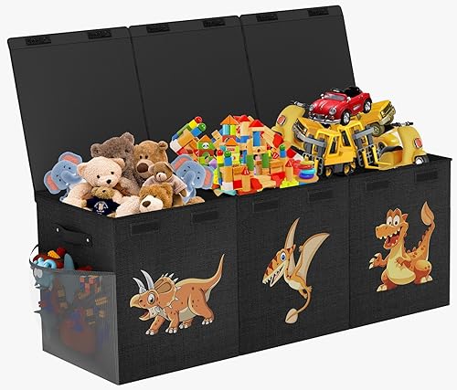 Caja de juguetes extra grande, plegable, resistente, organizadora de juguetes, cestas de dinosaurios con tapas para niños y niñas, sala de estar,