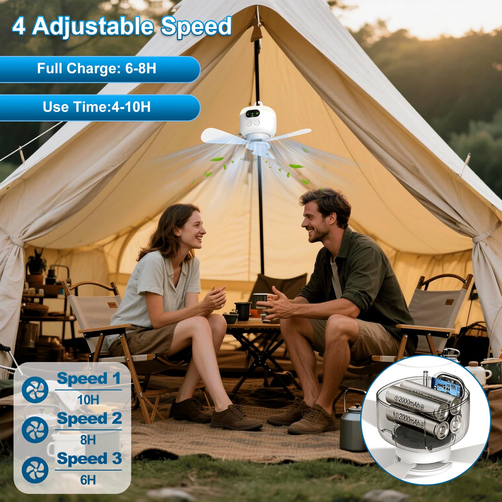Ventilatore da soffitto portatile con luce e telecomando, ventilatore da campeggio