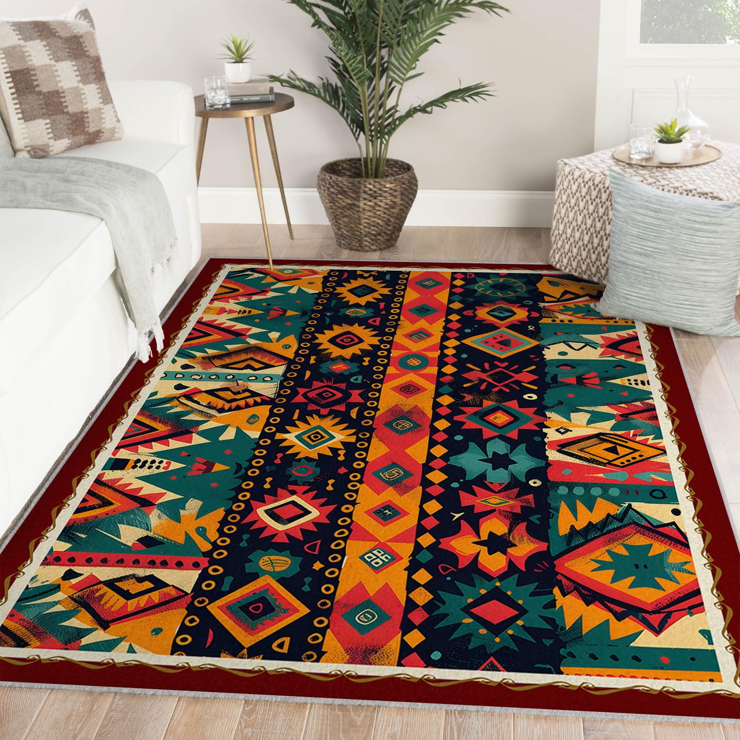 Tappeto colorato tribù etnica azteca Tappeti boho nativi americani lavabili per soggiorno Tappeto per interni morbido antiscivolo a pelo basso per camera da letto 60x90cm
