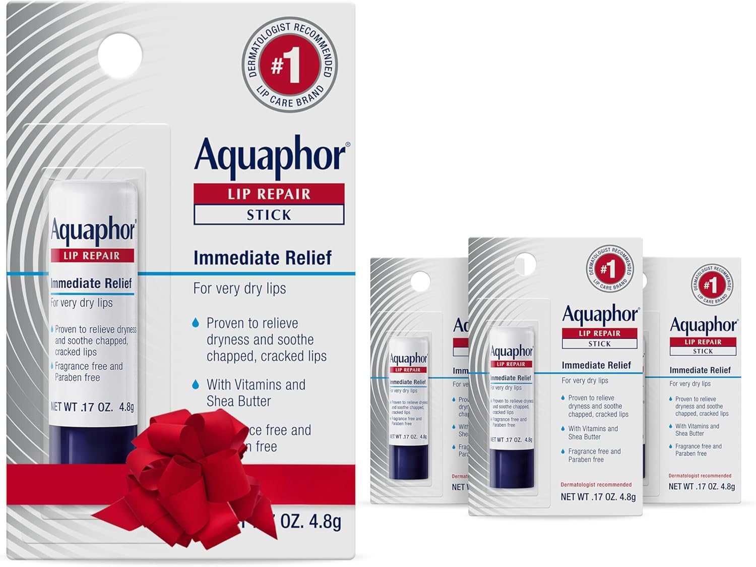 Aquaphor Lip Repair Stick with Jojoba Oil and Shea Butter, Moisturizing Lip Balms, Fragrance Free and Paraben Free, Holiday Gifts for Self Care, 0.17 Oz Stick, Pack of 4
