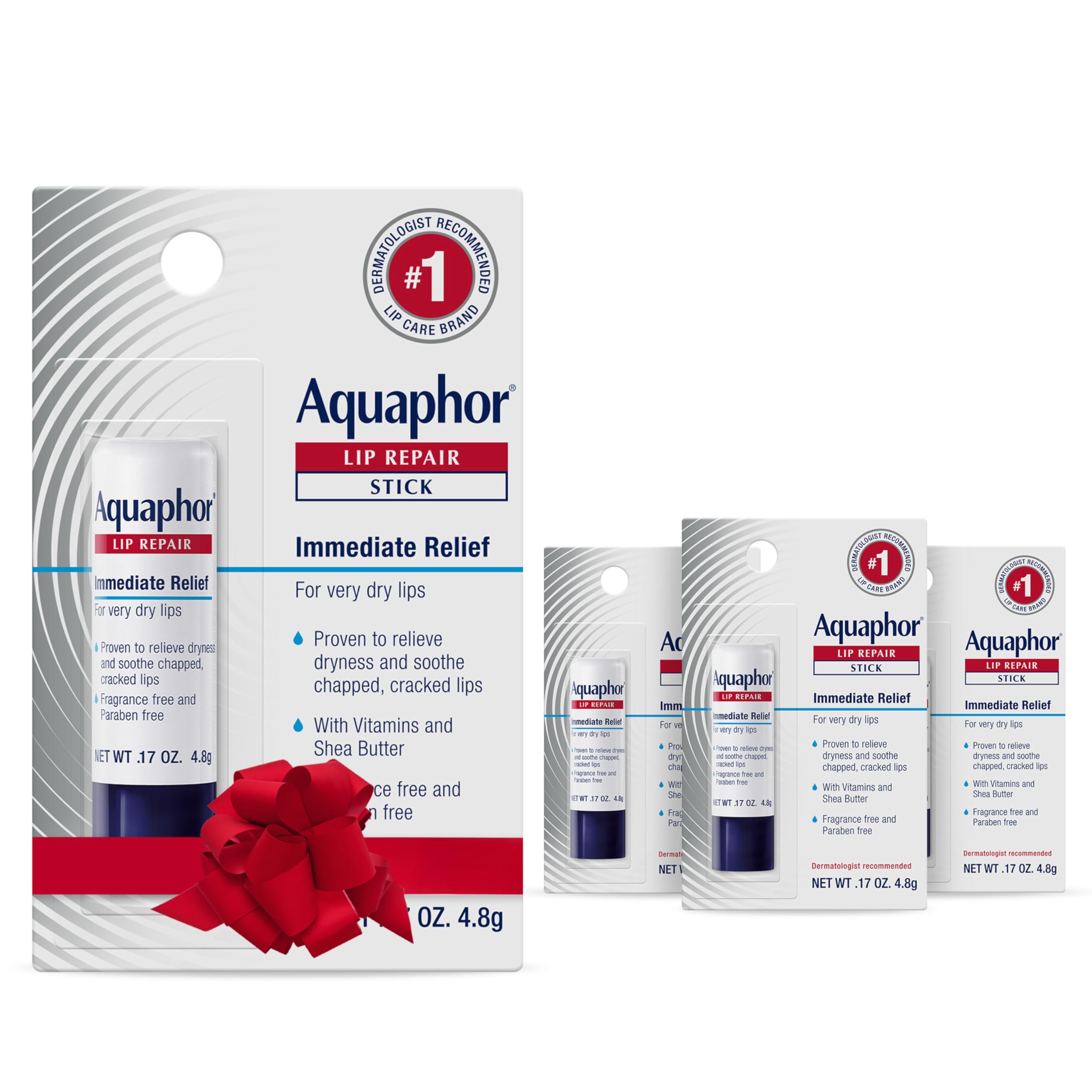 Aquaphor Lip Repair Stick with Jojoba Oil and Shea Butter, Moisturizing Lip Balms, Fragrance Free and Paraben Free, Holiday Gifts for Self Care, 0.17 Oz Stick, Pack of 4