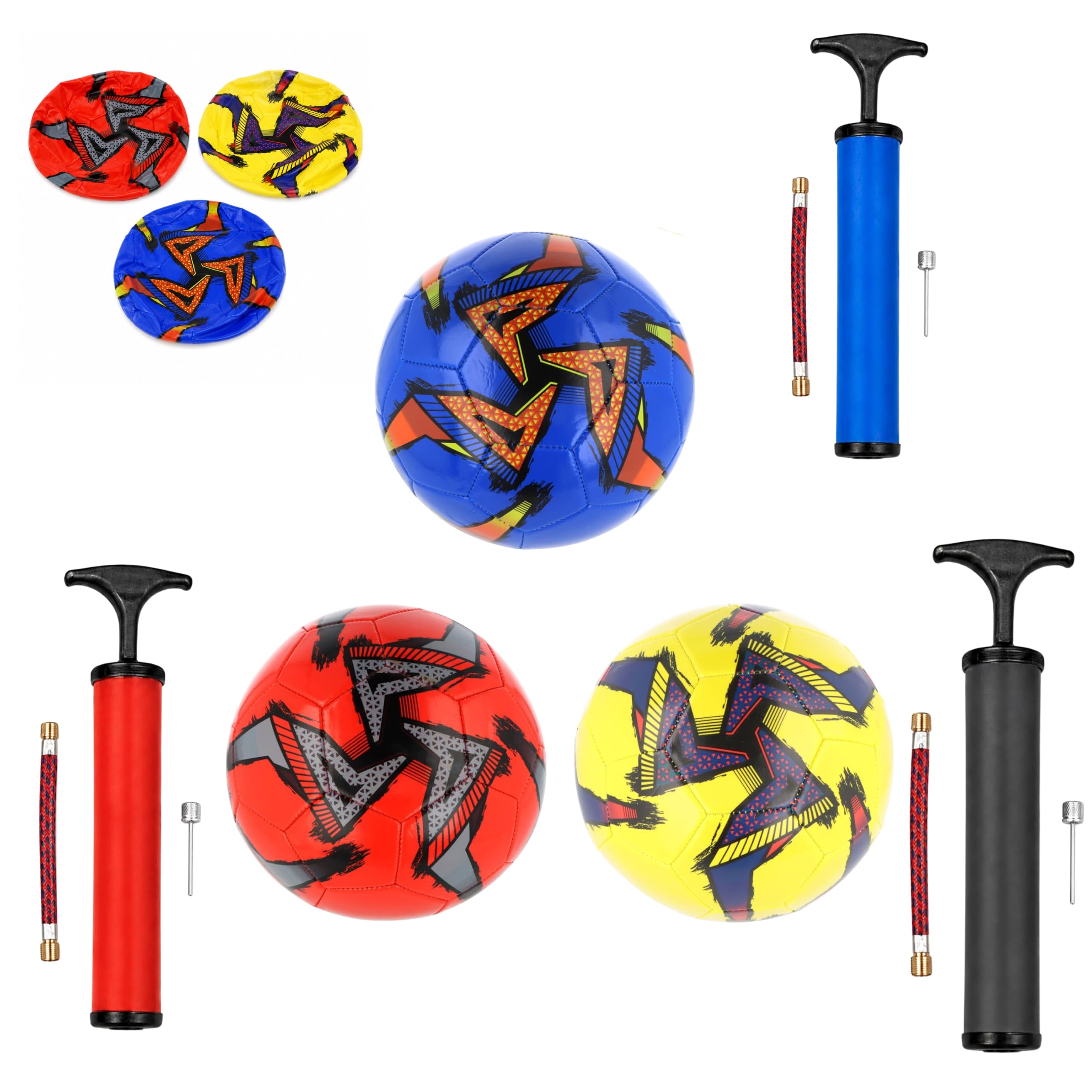 SRV Hub Size 5 Football Bundle with Hand Pump, Training Footballs with Hand Pump, 32 Panel Match Practice Balls, Red Blue Yellow Footballs for School PE, Clubs, Garden Games & Outdoor Play - 3 Pack