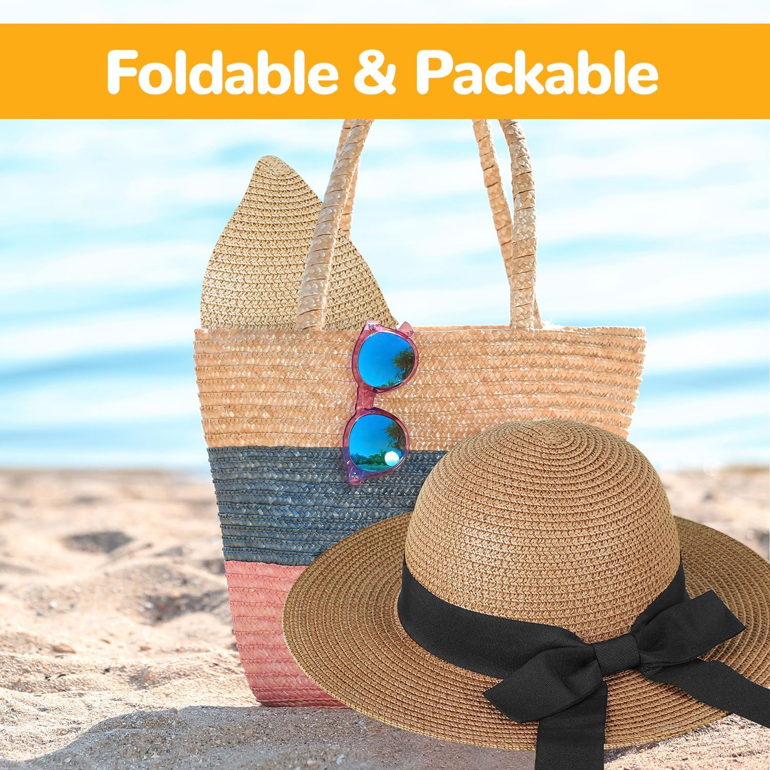 Girls Straw Sun Hat with Bowknot, Boho Summer Beach Hat, Wide Brim Floppy Hat, Outdoor Sun Protection Hat for Kids Ages 3-6