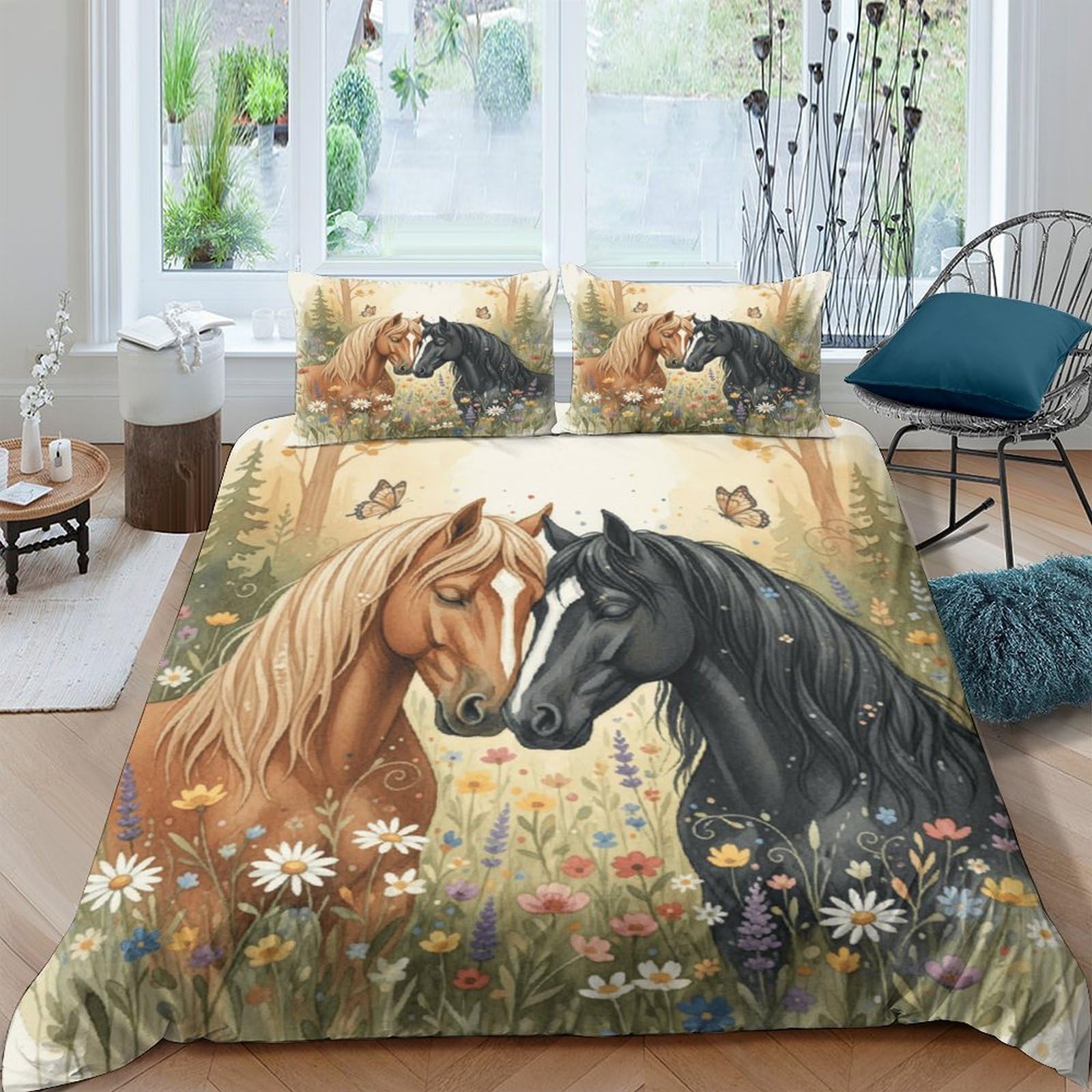 Ctjqhvkz Style-4 3D Printed Horse Meadow Fitted Sheet Microfiber Soft Floral Black Brown Mattress Cover For Bedroom Guestroom Decor Single（135X200cm）
