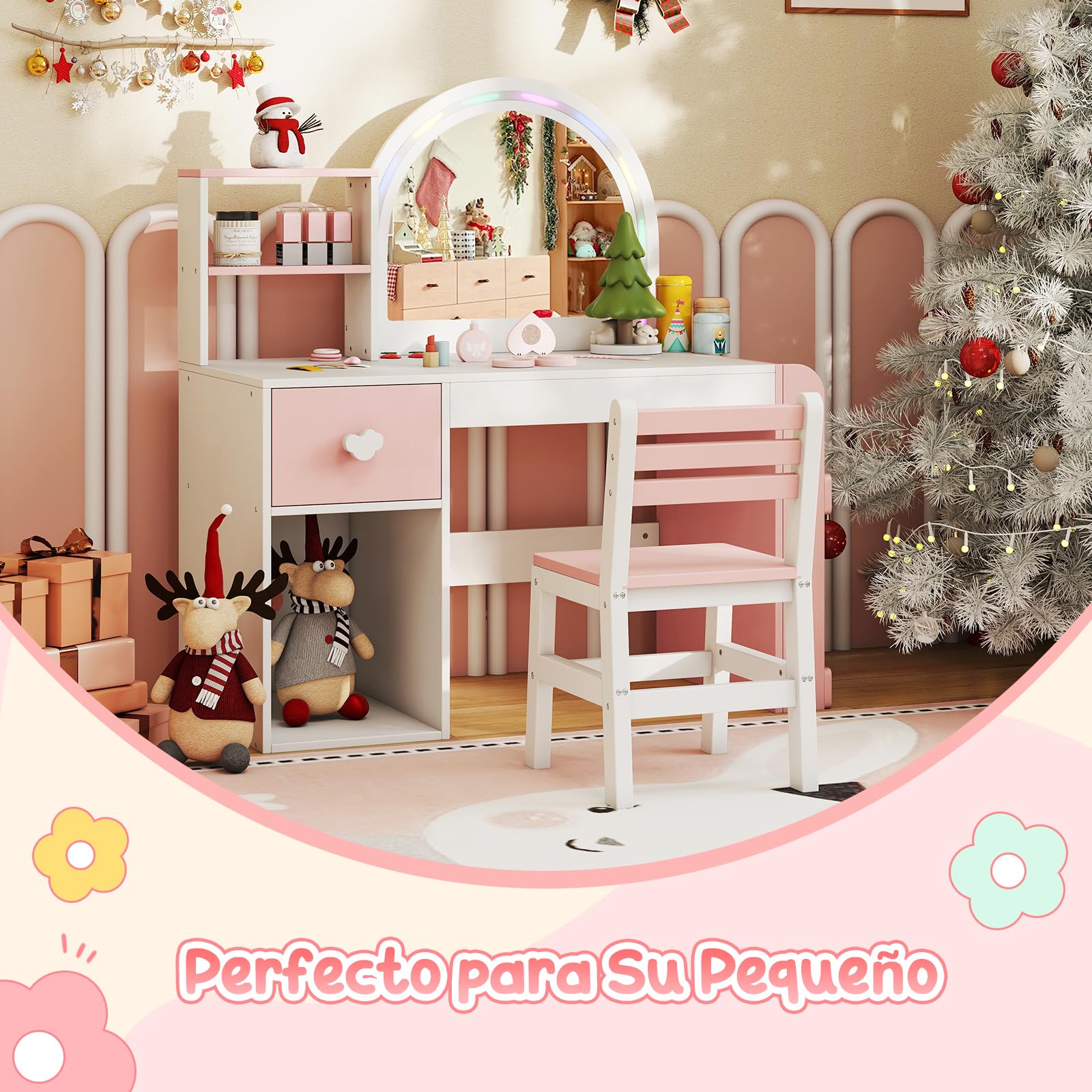 COSTWAY Tocador de Maquillaje Niña, Tocador Niña con Silla Ergonómica, Espejo Iluminado, Estantería de 2 Niveles y Cajón de Almacenamiento, Juego de Mesa de Maquillaje para Niños de 3+ Años (Blanco)
