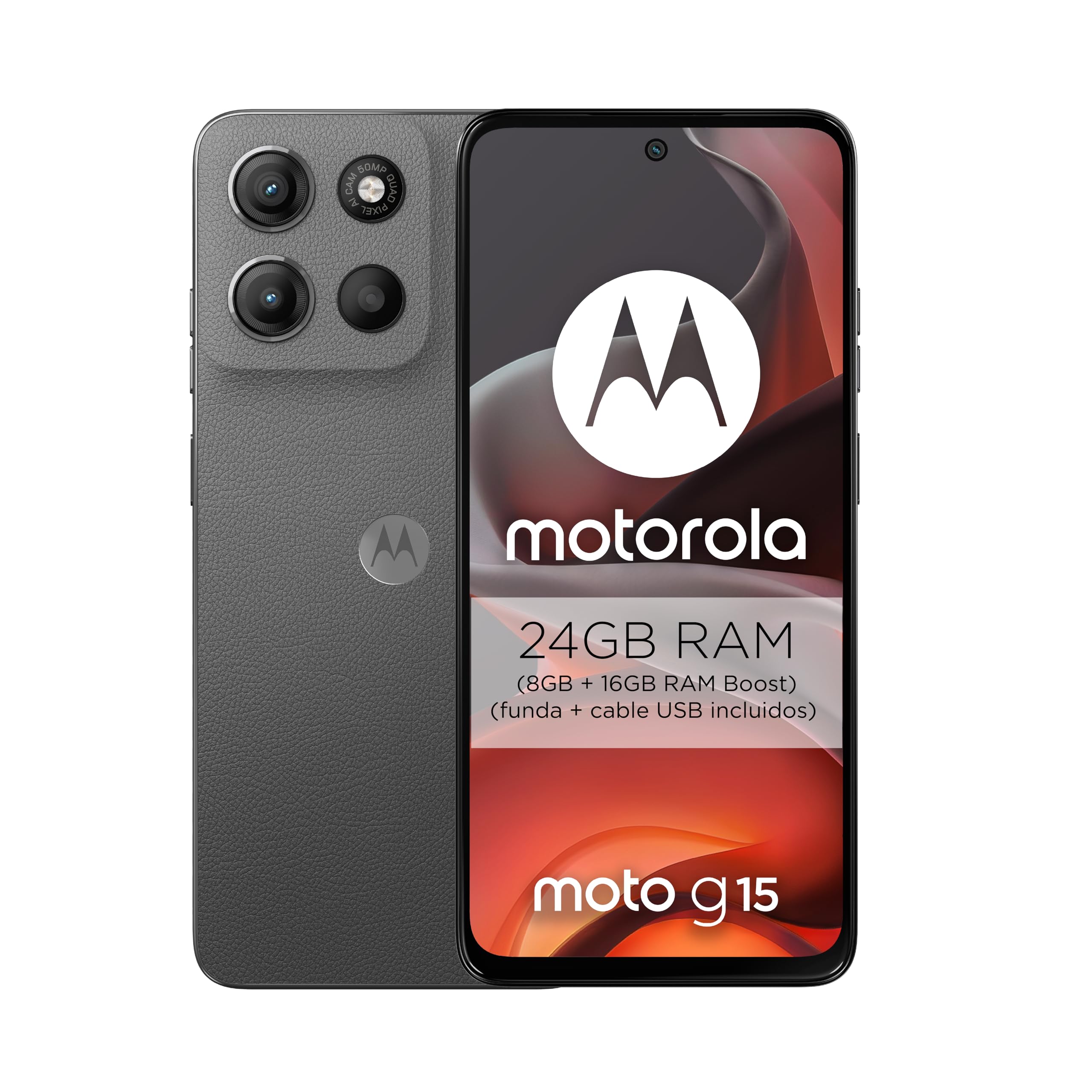 Motorola Moto g15 24GB (8G+16GB RAM Boost)/256GB Gris, España, Pantalla de 6.72” FHD+, Sistema de cámaras de 50 MP y Objetivo Ultra Gran Angular, Batería 5200 mAh, Carga TurboPower, Soft Luxe