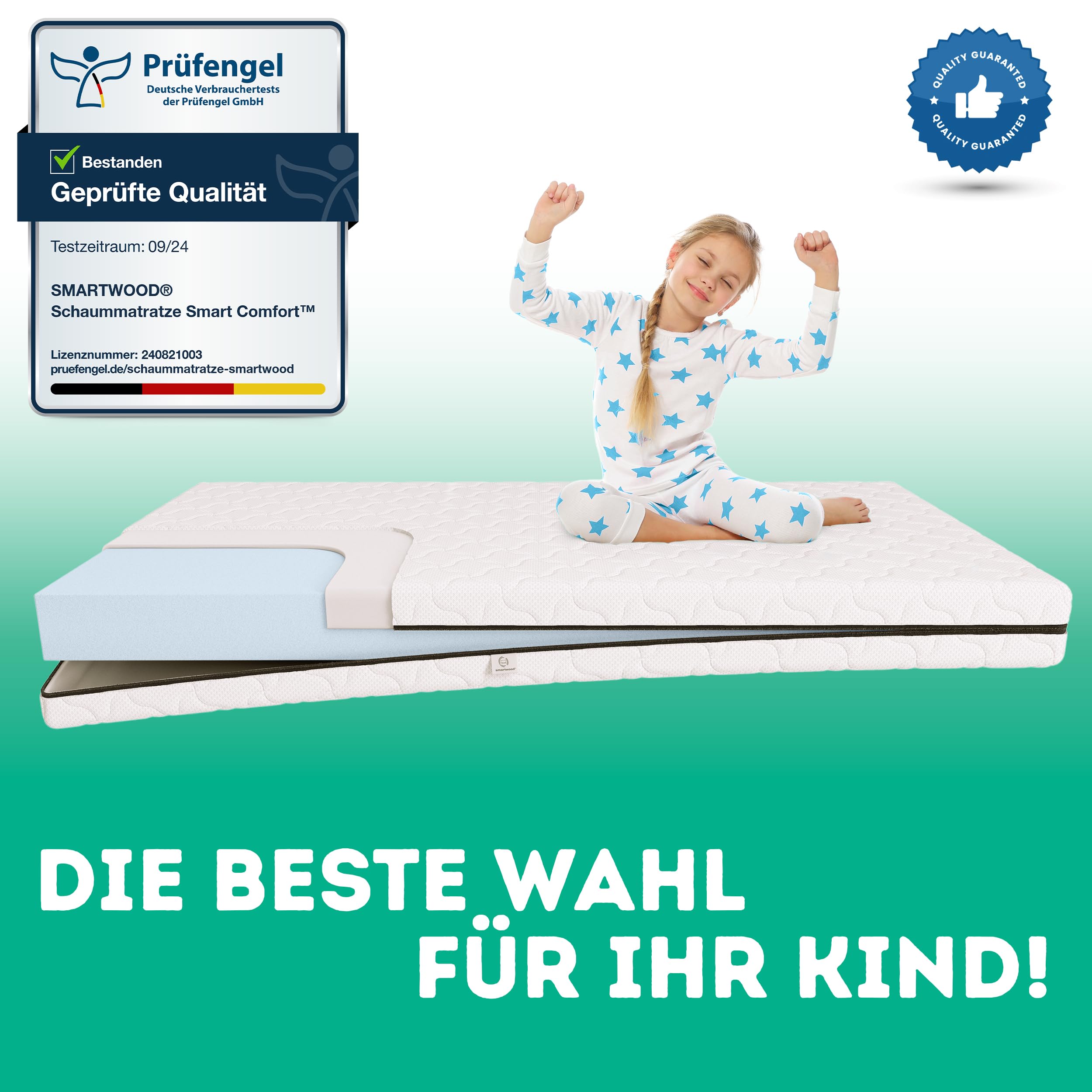 smartwood Kindermatratze 70x100 9cm Matratze für Kinder - H2 Schaumstoffmatratze Oeko-TEX-Zertifiziert - Wendbar - mit Waschbarem Antiallergischem Bezug - SmartComfort | Made in EU