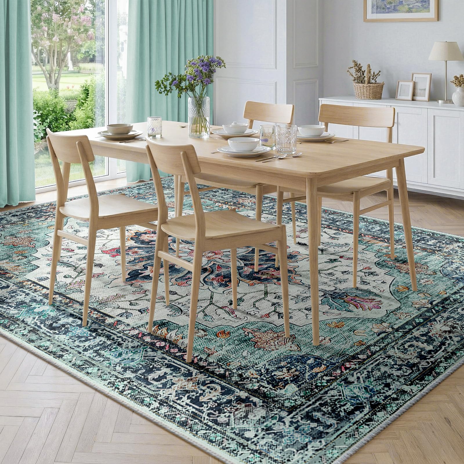 INOVADAY Tapis de Salon Lavable en Machine 150x210 cm Vintage à Faible Poil Antidérapant avec Motif Imprimé Tapis Chambre pour la Chambre à Coucher, Le Bureau à Domicile, Bleu/Vert/Marine/Rouge