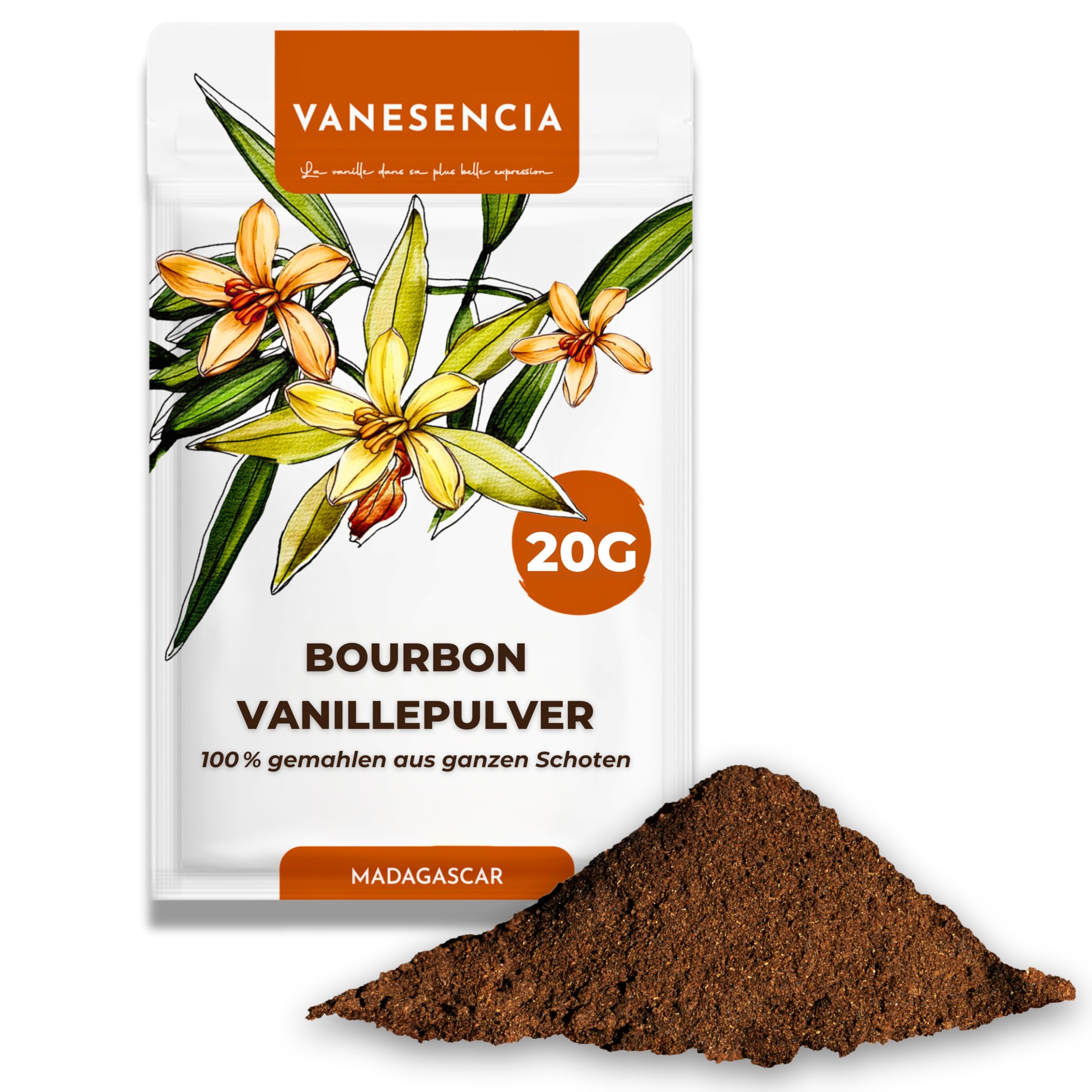 Vanillepulver Bourbon Gourmet 20g | 100% gemahlene Vanille aus Madagaskar | Naturvanille ohne Zucker | Intensives Aroma | Zip-Beutel | VANESENCIA