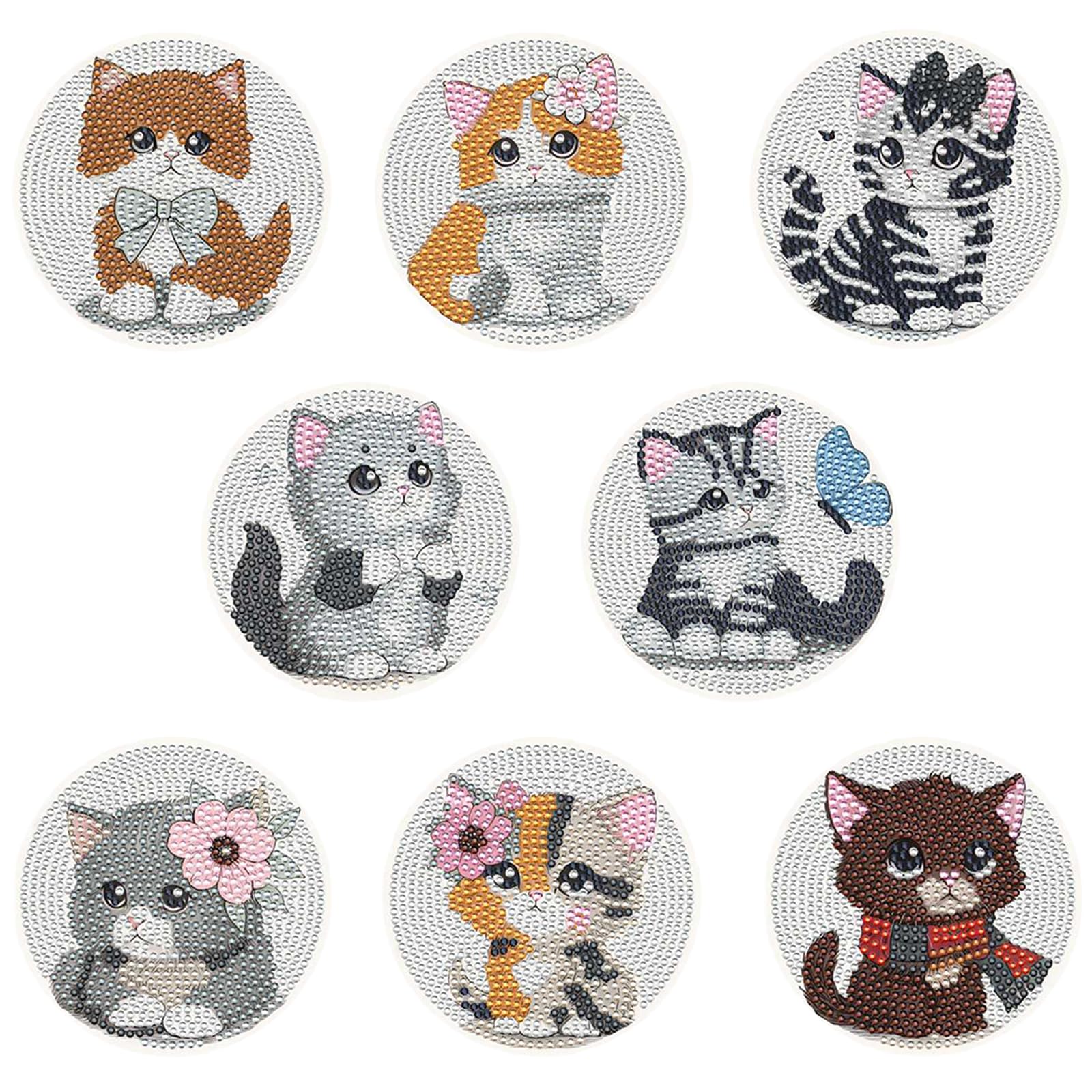 Diamond Art Coasters Set, 8PCS Cat Cartoon Coasters with Acrylic Stand & Cork Pads, Diamond Painting Kits for Kids Adults, Drinks Coasters Craft Kit for Home Kitchen Decor, Gift for Cat Lovers