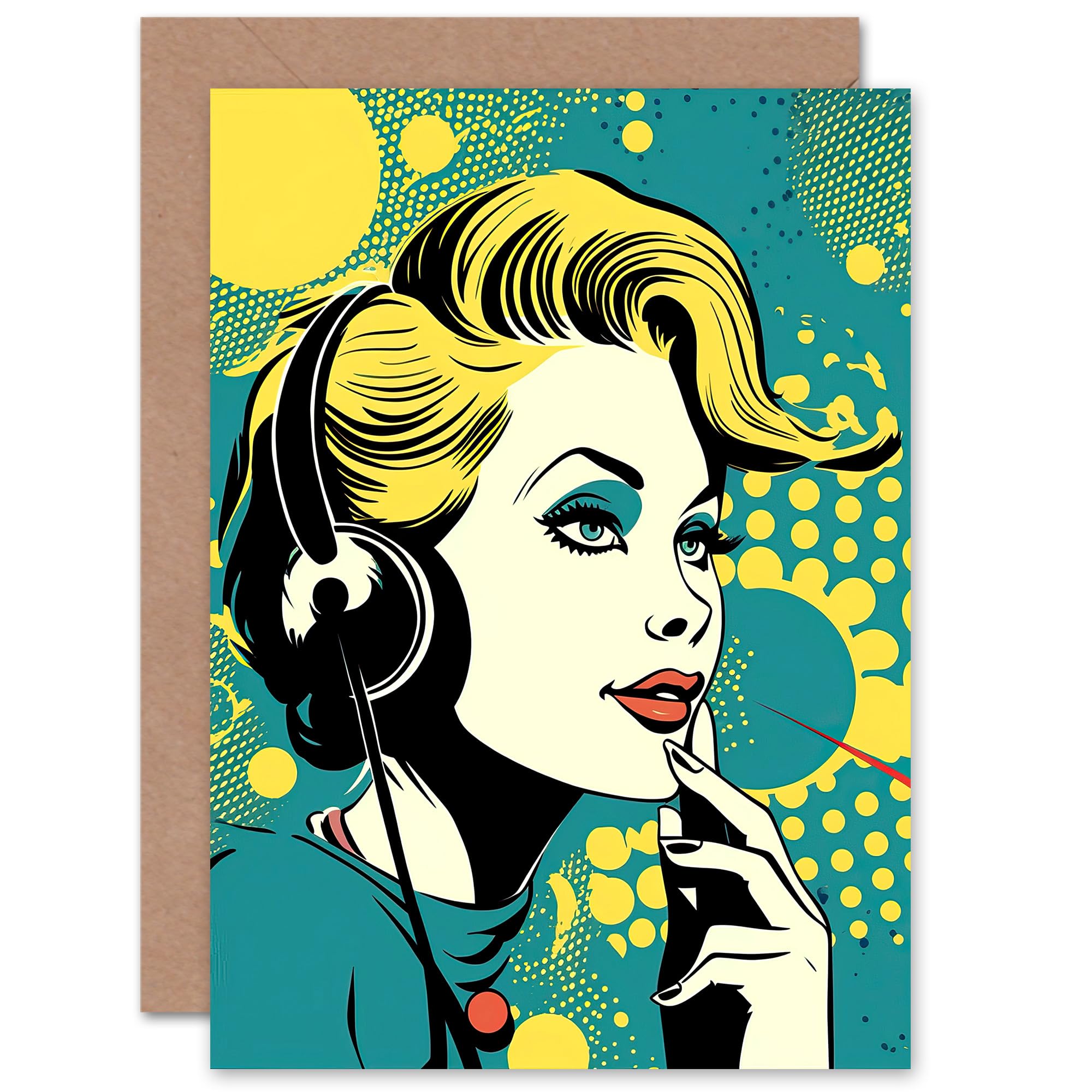 Artery8 Comic Book Birthday Greeting Card - Retro 1950s Woman Telephone Headset
