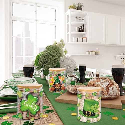 Miniatura 6 de JarThenaAMCS Juego de 3 tarros de almacenamiento de cristal del día de San Patricio, trébol de la suerte, gnomo, con tapa hermética de bambú para