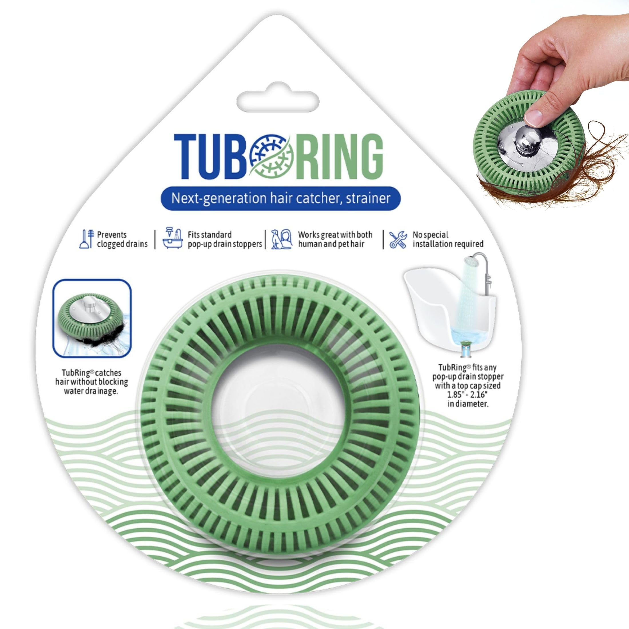 TubRing The Ultimate Tub Drain Protector Hair Catcher/Strainer/Snare, Regular - Green