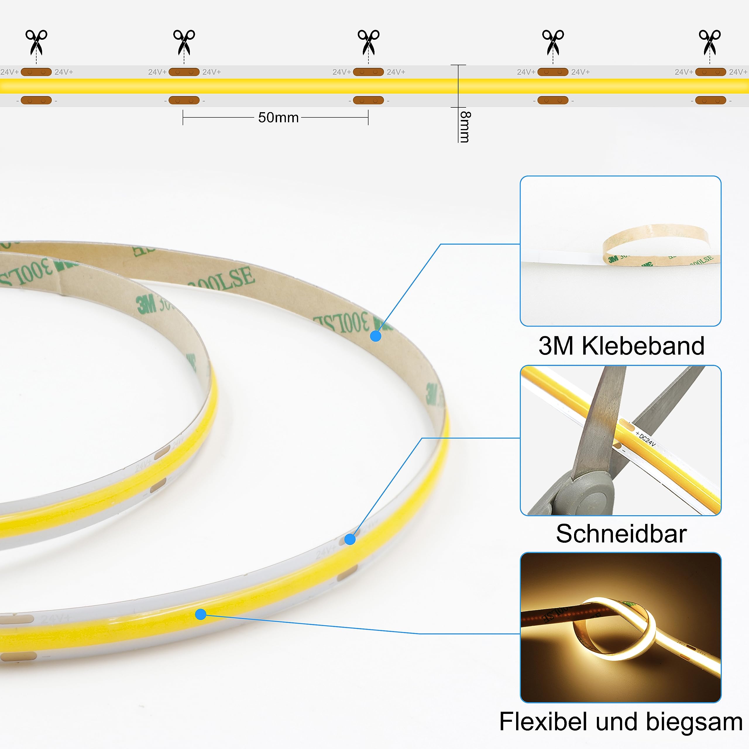 AXMOTUT LED Strip 3m, COB LED Streifen Warmweiss 2700K, LED Lichtband 24V 320LEDs/M, Dimmbar Led Streifen 3Meter mit RF Fernbedienung und Netzteil, CRI90 für Zuhause Partei deko, DIY Dekoration
