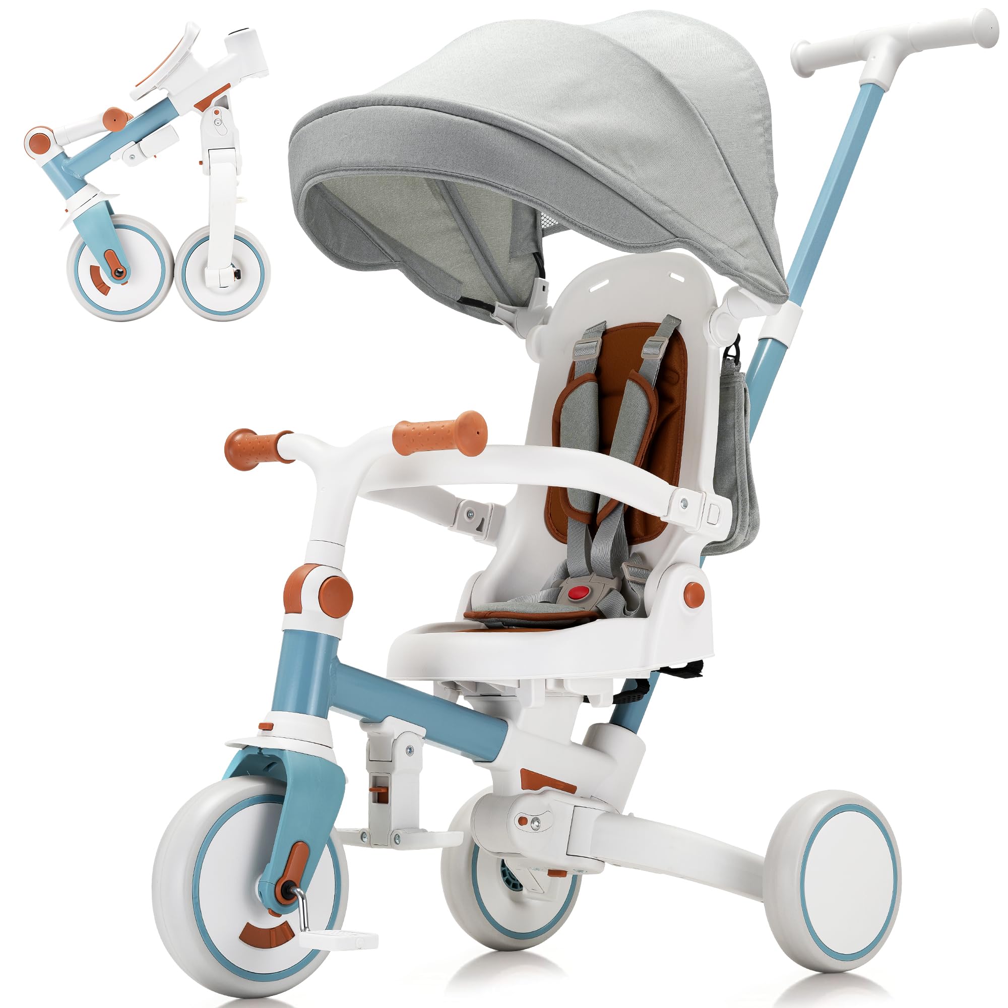 AOPEC 7-in-1 Toddler Tricycle with Parent Push Handle & Canopy, Fully Foldable & Adjustable Stroller, Balance and Pedal Bike for Kids 18 Months to 5 Years,Blue : Everything Else